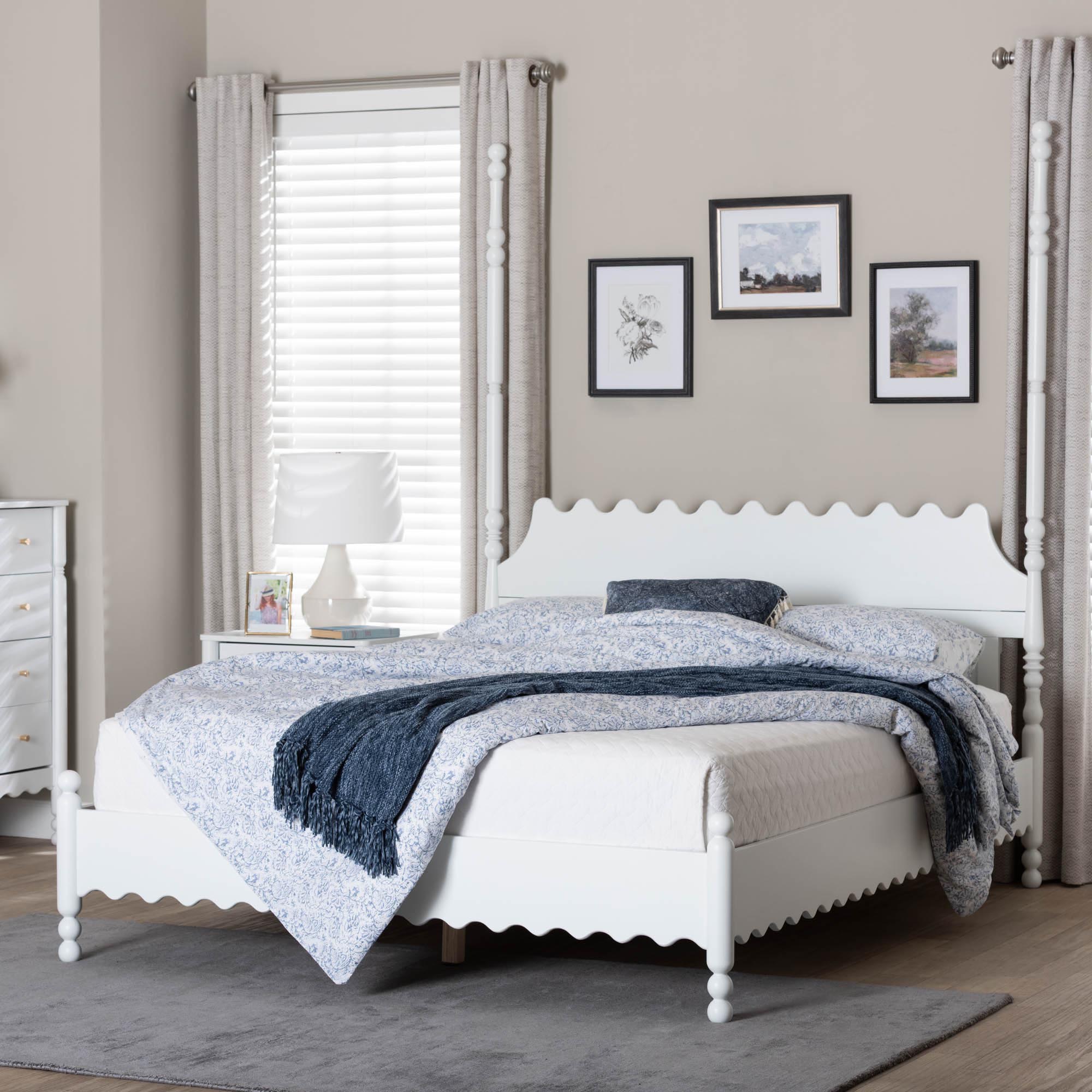 Baxton Studio Hoffman Platform Bed - Farmhouse Bed Frame with Scalloped Design and Turned Posts, White, Queen
