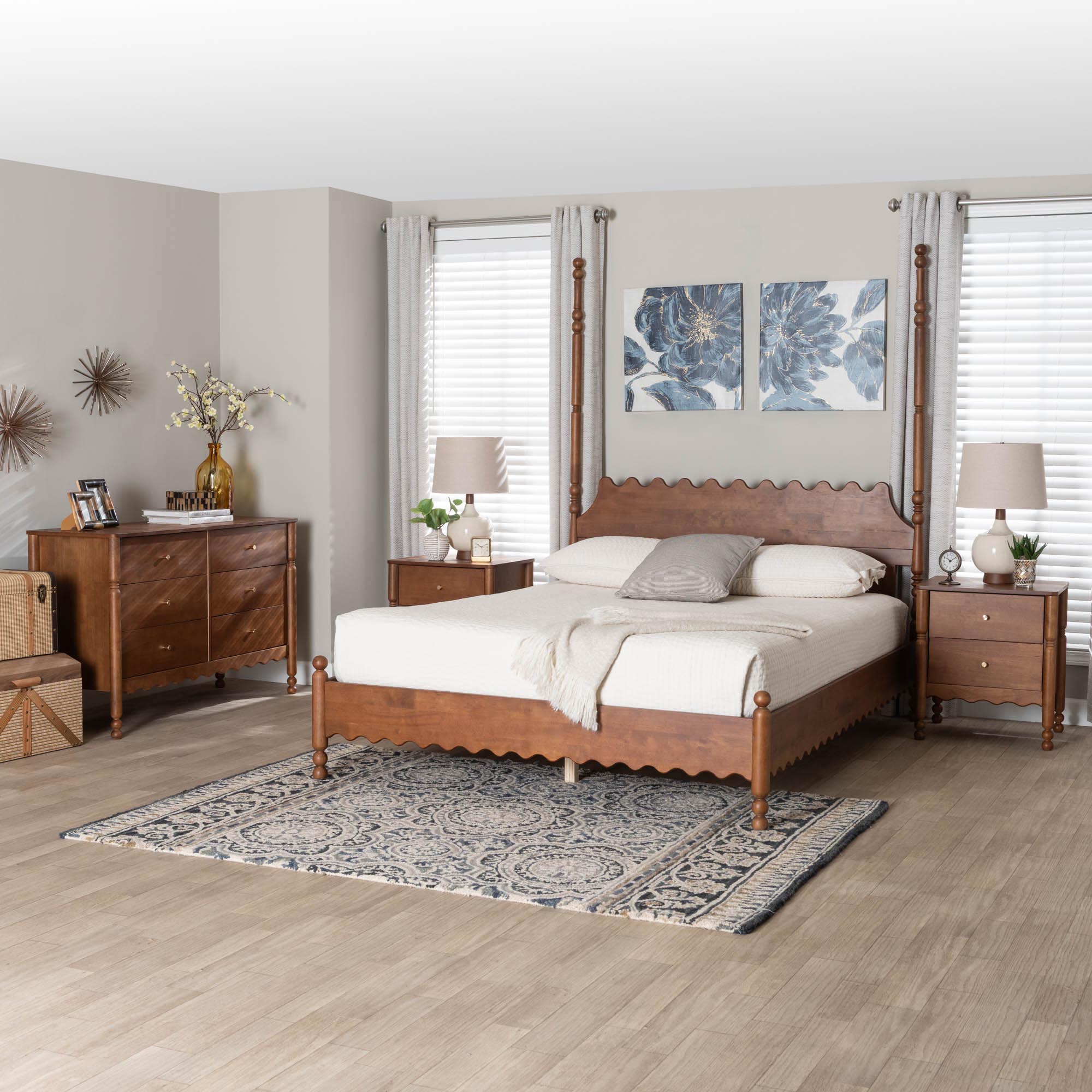 Baxton Studio Hoffman 4-Piece Scalloped Bedroom Set - Farmhouse Bed Frame with Matching Dresser and 2-Drawer Nightstands, Walnut Brown, King