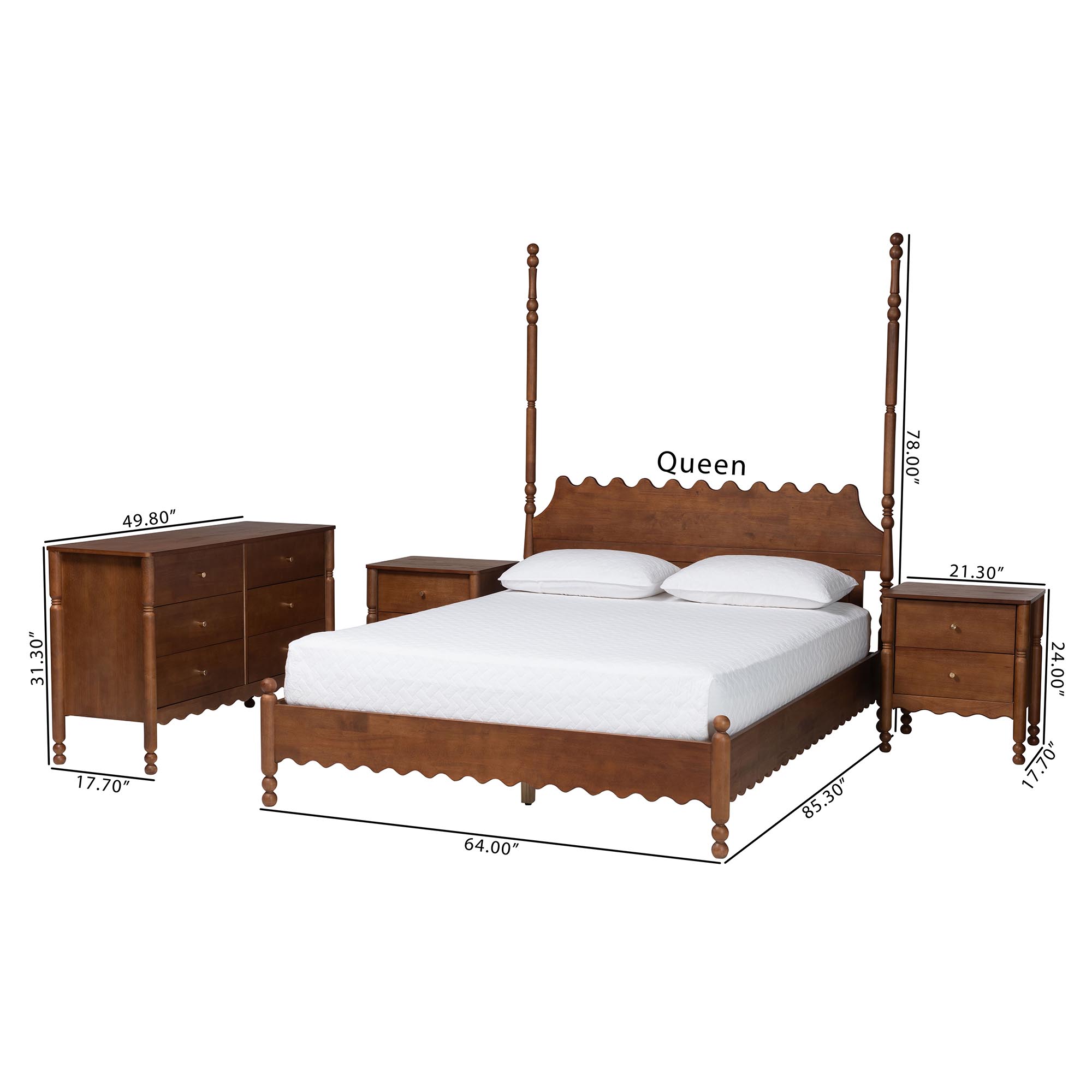 Baxton Studio Hoffman 4-Piece Scalloped Bedroom Set - Farmhouse Bed Frame with Matching Dresser and 2-Drawer Nightstands, Walnut Brown, King