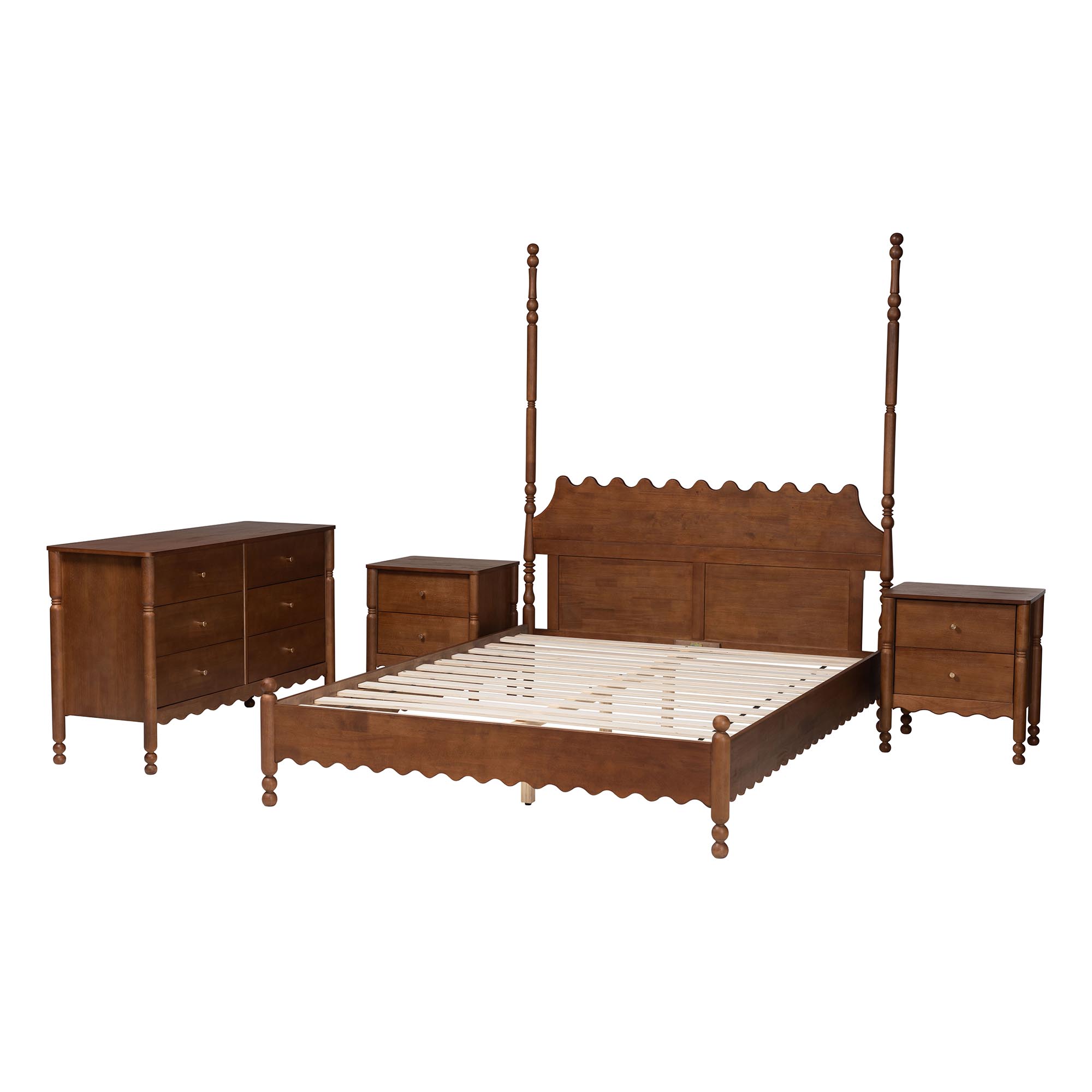 Baxton Studio Hoffman 4-Piece Scalloped Bedroom Set - Farmhouse Bed Frame with Matching Dresser and 2-Drawer Nightstands, Walnut Brown, Queen