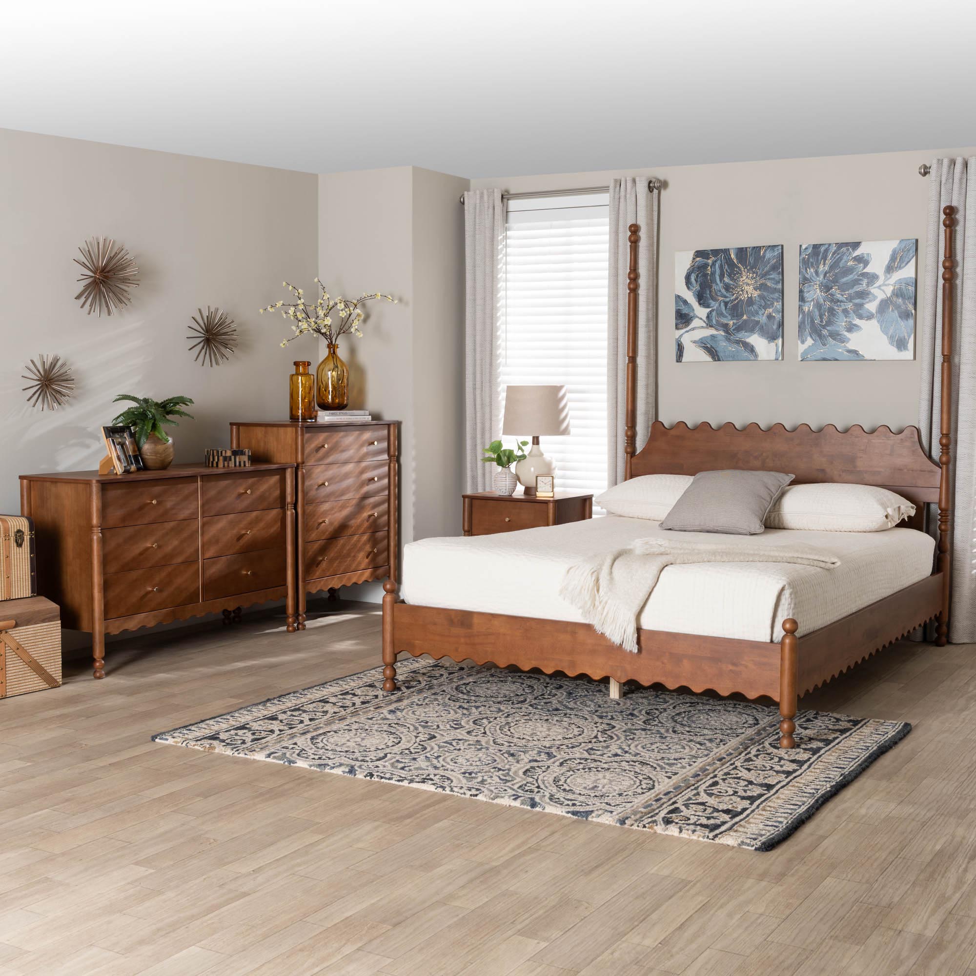 Baxton Studio Hoffman 4-Piece Scalloped Bedroom Set - Farmhouse Bed Frame with Matching Dresser, Chest, and 2-Drawer Nightstand, Walnut Brown, Queen