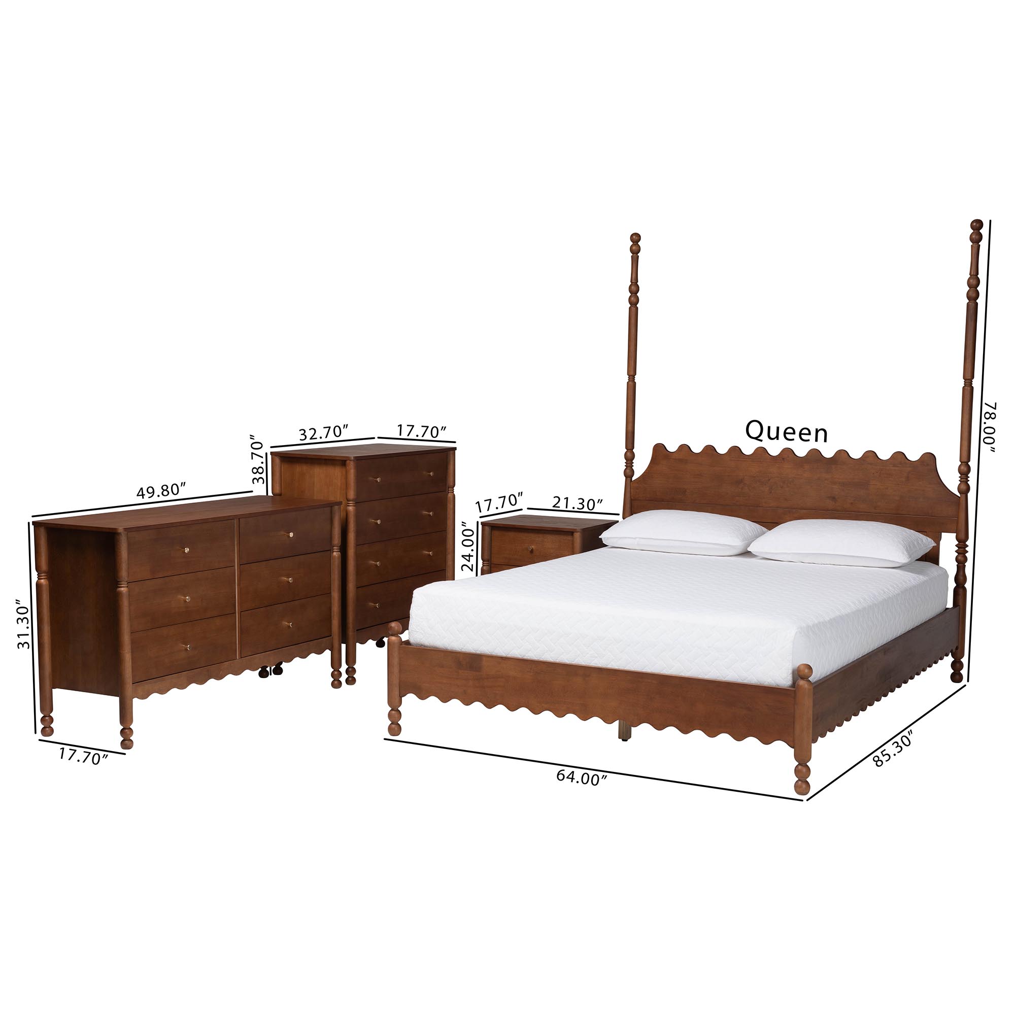 Baxton Studio Hoffman 4-Piece Scalloped Bedroom Set - Farmhouse Bed Frame with Matching Dresser, Chest, and 2-Drawer Nightstand, Walnut Brown, Queen