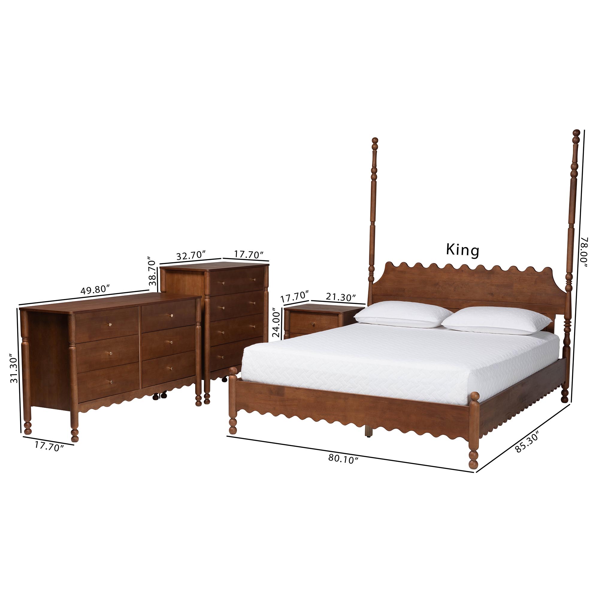 Baxton Studio Hoffman 4-Piece Scalloped Bedroom Set - Farmhouse Bed Frame with Matching Dresser, Chest, and 2-Drawer Nightstand, Walnut Brown, Queen