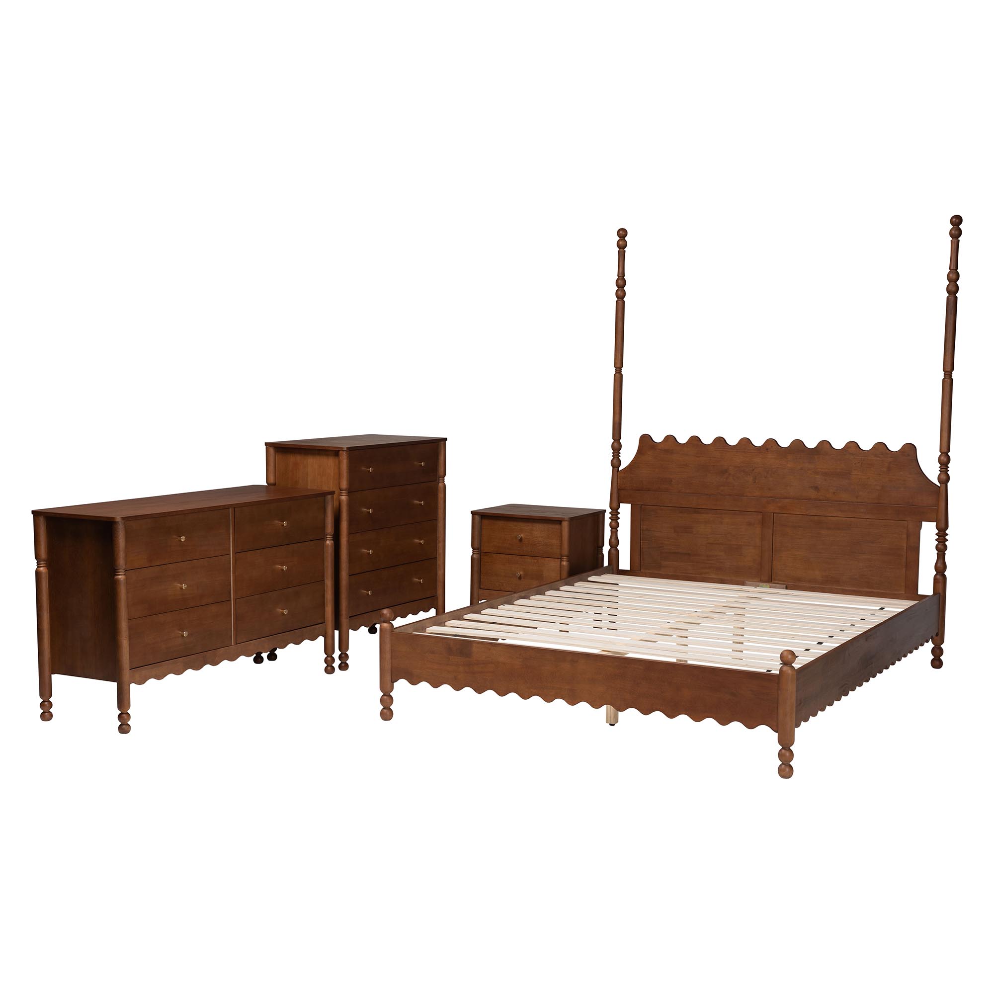 Baxton Studio Hoffman 4-Piece Scalloped Bedroom Set - Farmhouse Bed Frame with Matching Dresser, Chest, and 2-Drawer Nightstand, Walnut Brown, King