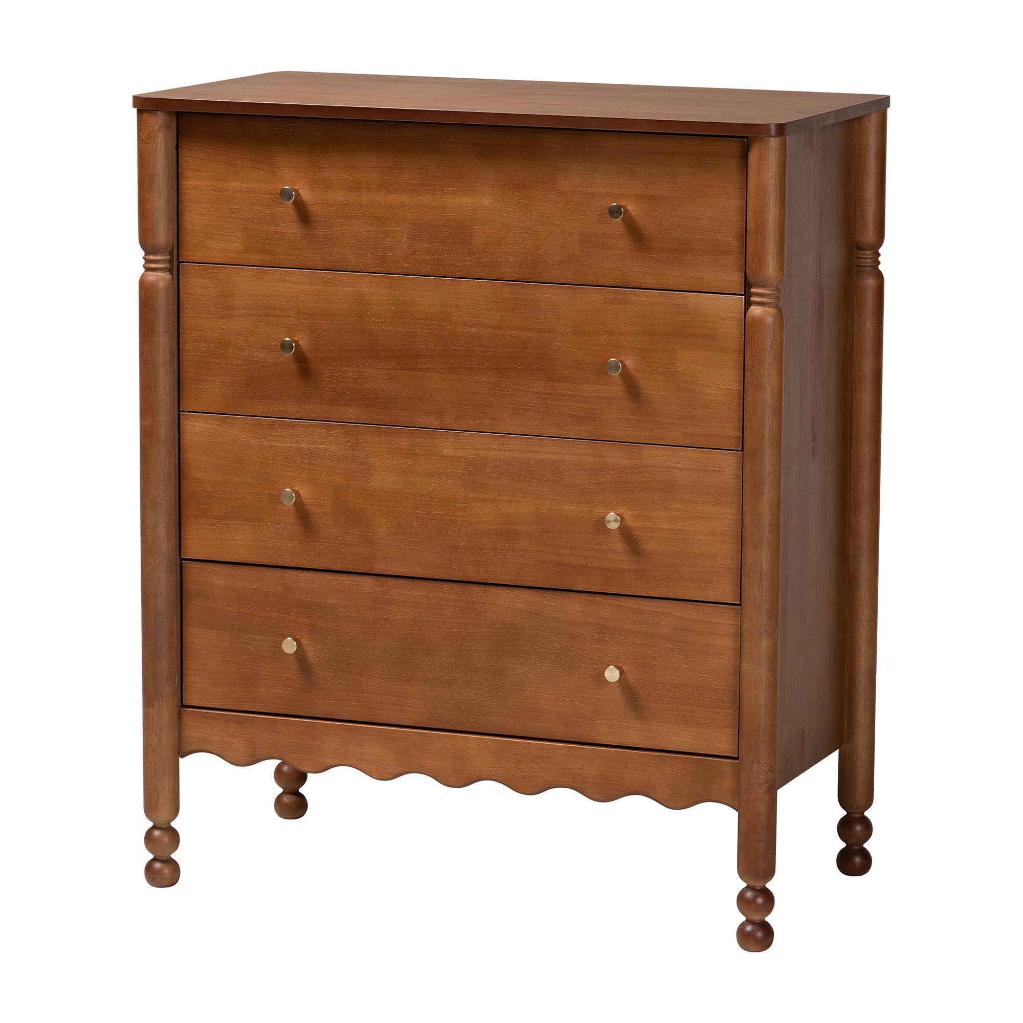 Baxton Studio Hoffman 4-Piece Scalloped Bedroom Set - Farmhouse Bed Frame with Matching Dresser, Chest, and 2-Drawer Nightstand, Walnut Brown, Queen