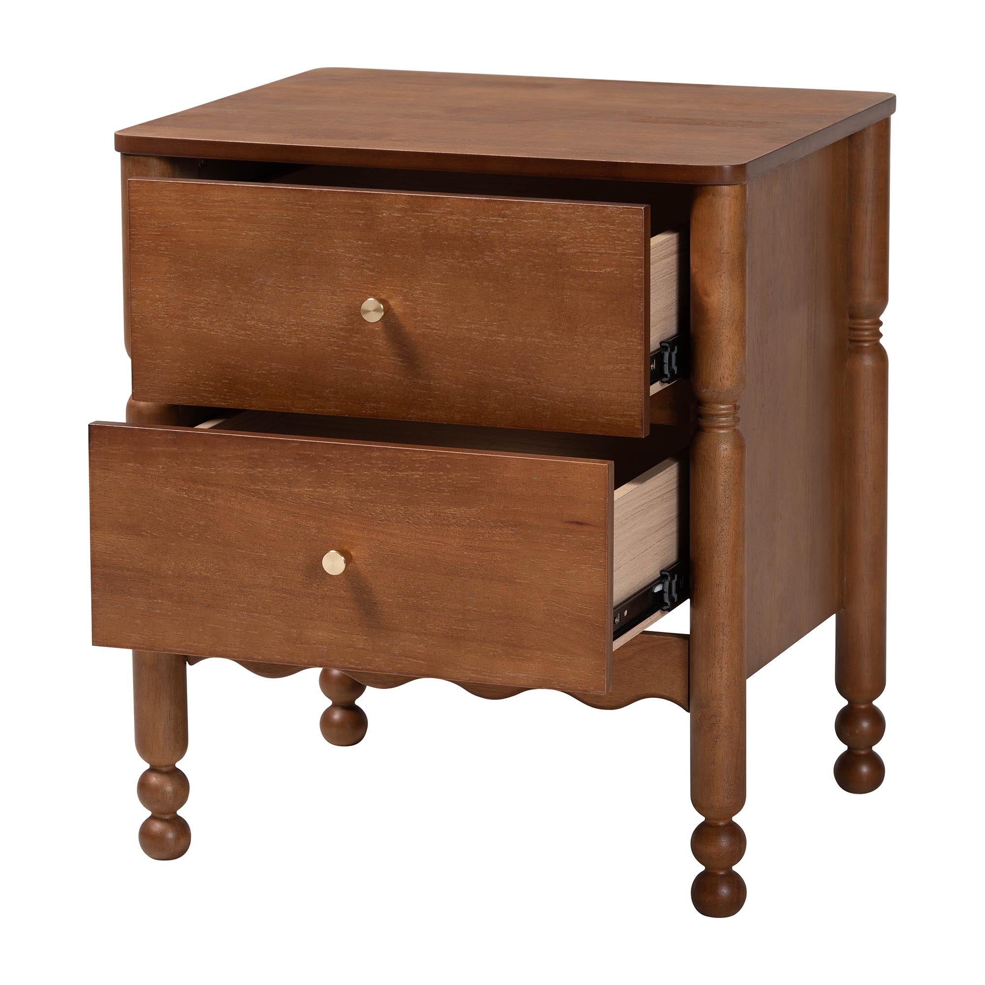 Baxton Studio Hoffman Nightstand - 2-Drawer Bedside Table with Scalloped Apron and Turned Legs for Bedroom, Walnut Brown