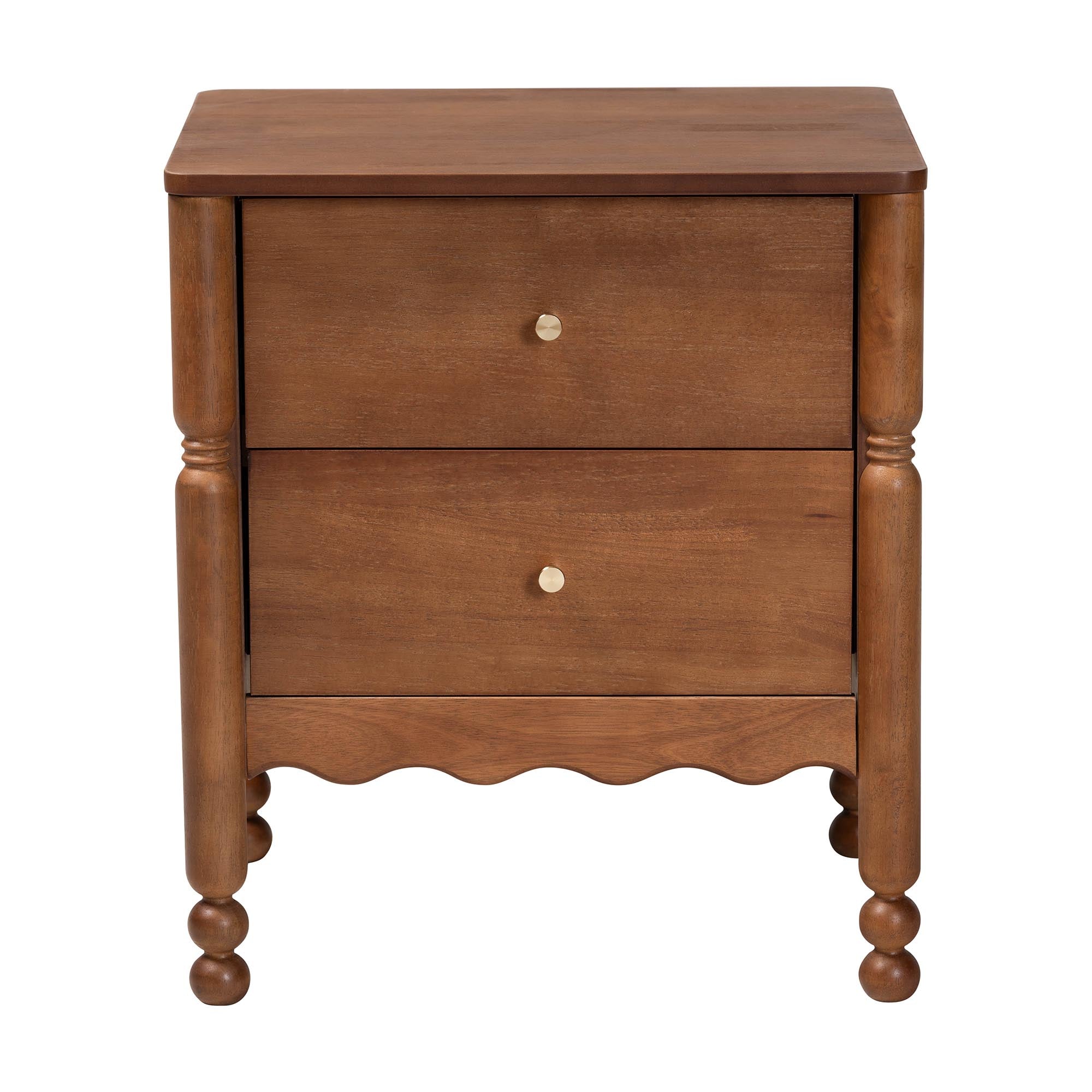 Baxton Studio Hoffman Nightstand - 2-Drawer Bedside Table with Scalloped Apron and Turned Legs for Bedroom, Walnut Brown