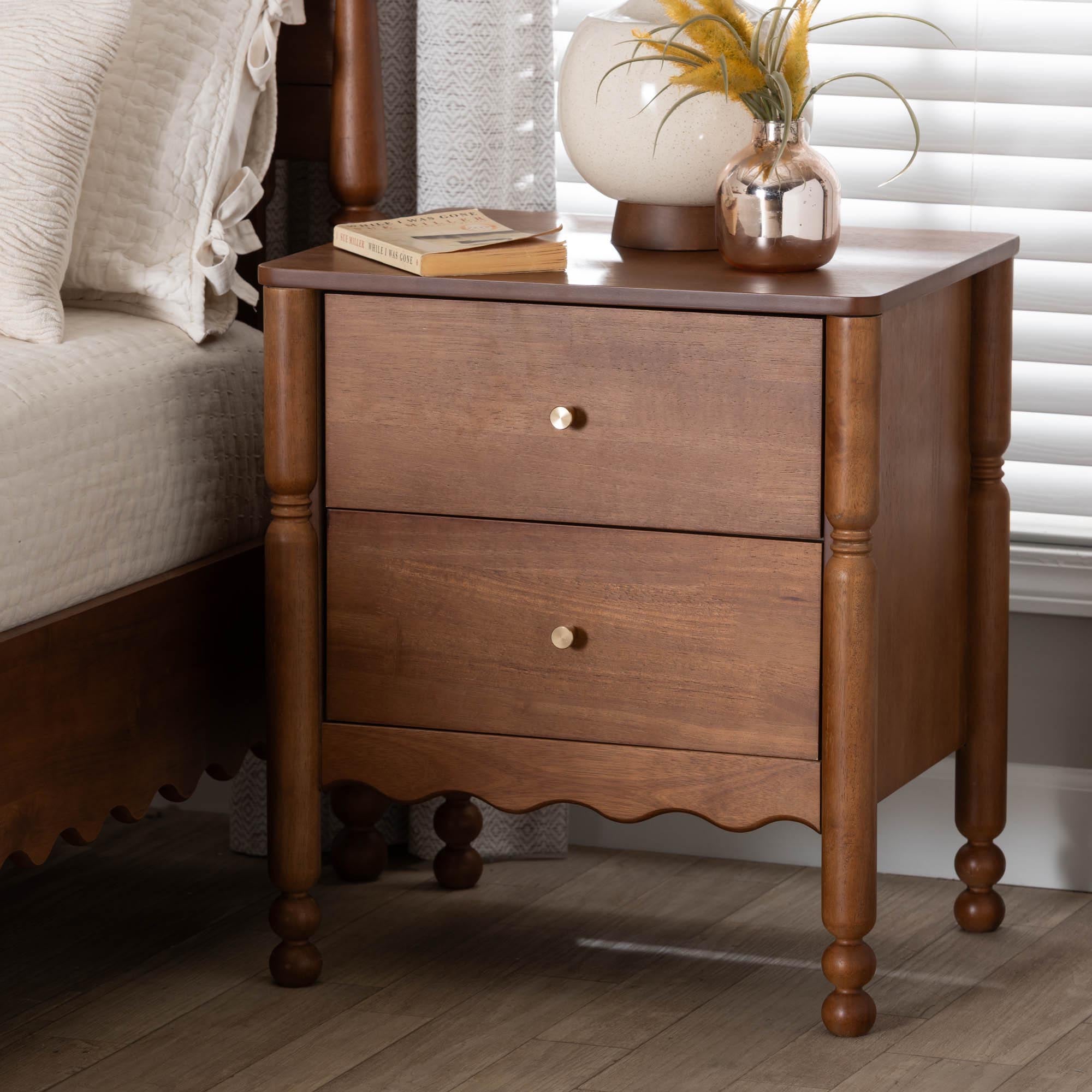 Baxton Studio Hoffman Nightstand - 2-Drawer Bedside Table with Scalloped Apron and Turned Legs for Bedroom, Walnut Brown