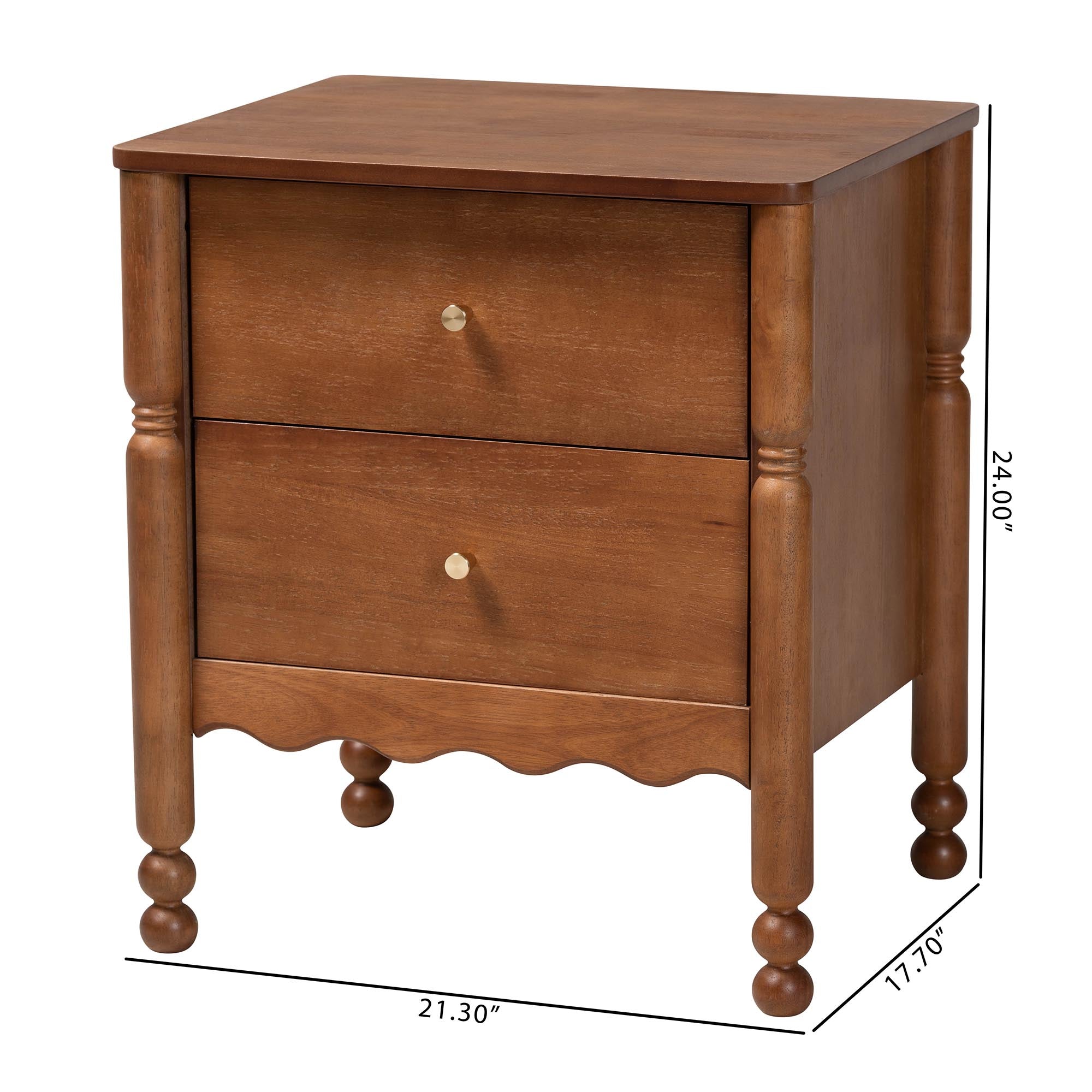 Baxton Studio Hoffman Nightstand - 2-Drawer Bedside Table with Scalloped Apron and Turned Legs for Bedroom, Walnut Brown