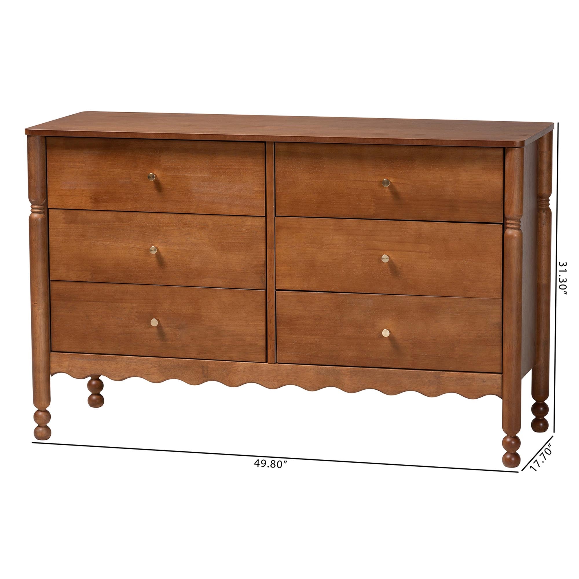 Baxton Studio Hoffman Dresser - 6-Drawer Horizontal Storage Cabinet with Scalloped Apron and Turned Legs for Bedroom, Walnut Brown