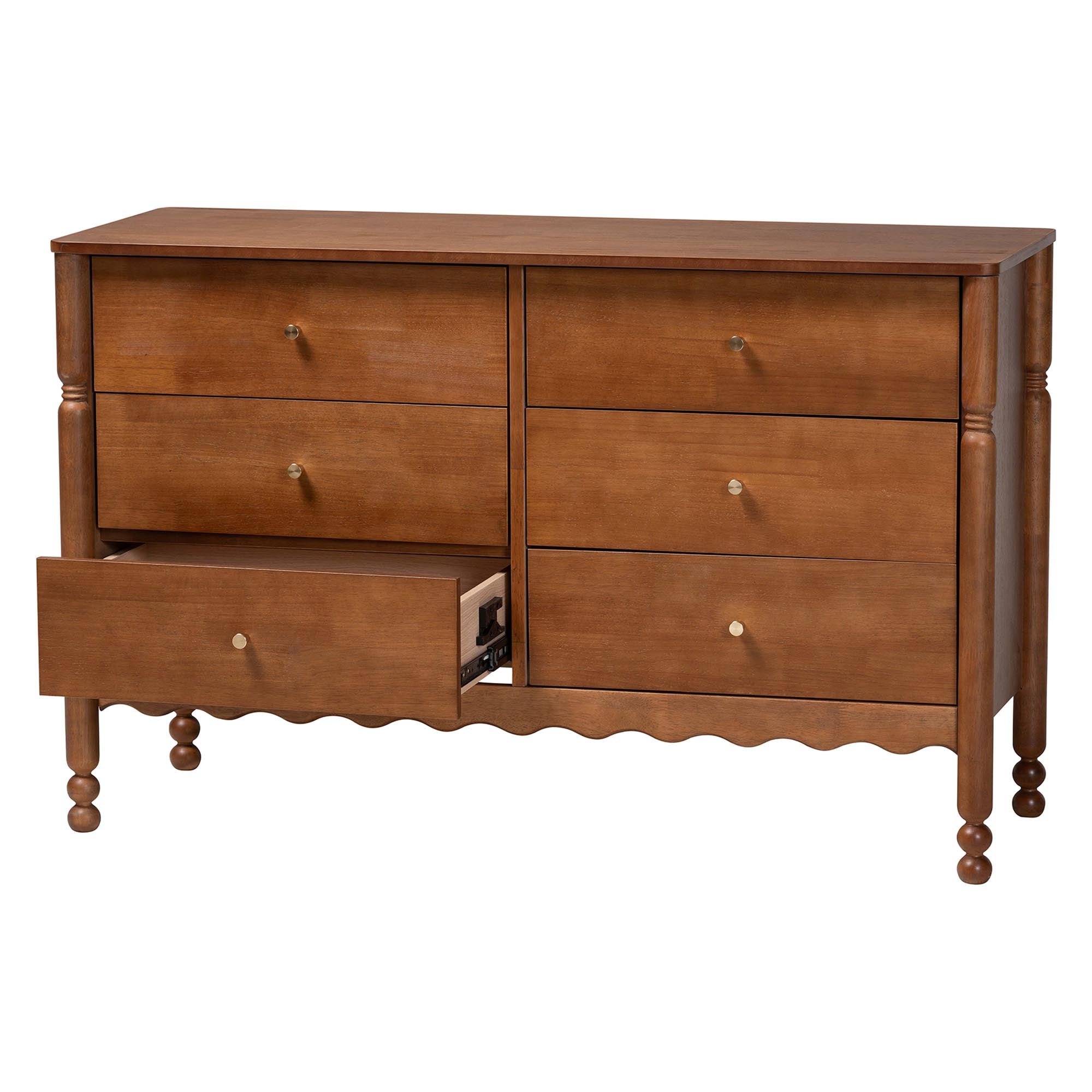 Baxton Studio Hoffman Dresser - 6-Drawer Horizontal Storage Cabinet with Scalloped Apron and Turned Legs for Bedroom, Walnut Brown