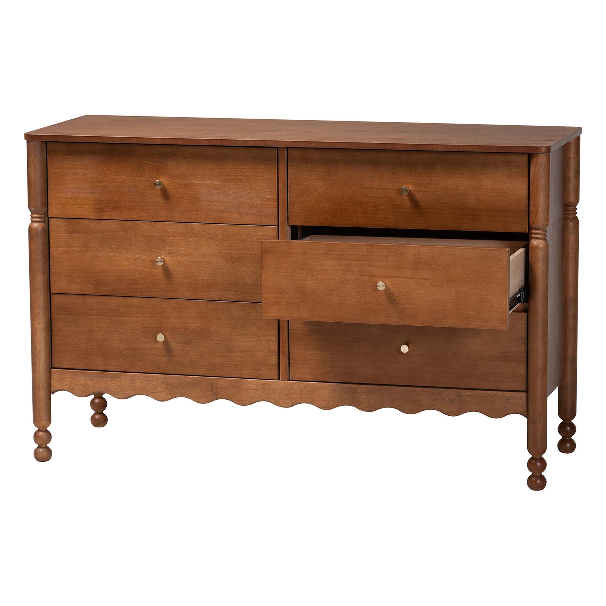 Baxton Studio Hoffman Dresser - 6-Drawer Horizontal Storage Cabinet with Scalloped Apron and Turned Legs for Bedroom, Walnut Brown
