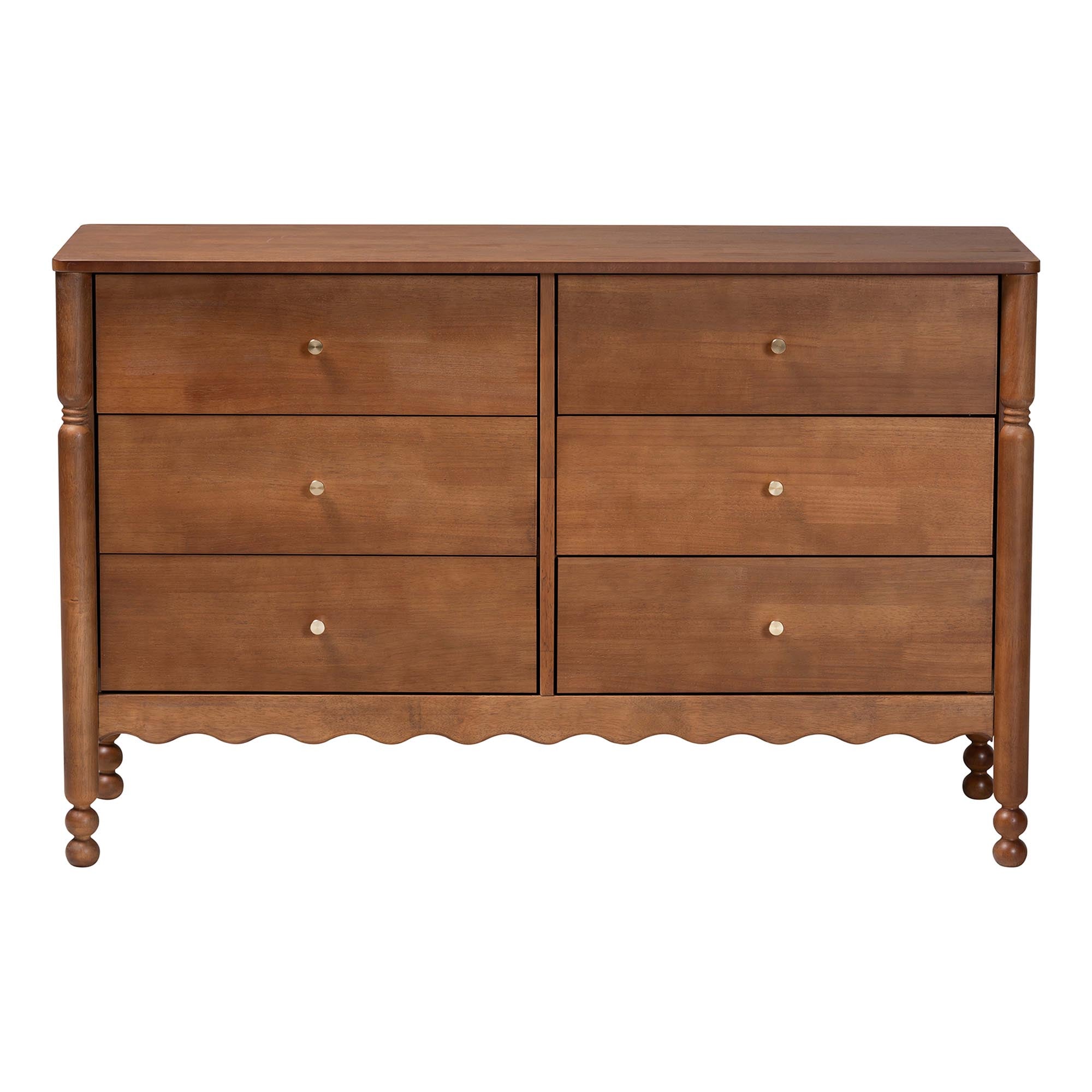 Baxton Studio Hoffman Dresser - 6-Drawer Horizontal Storage Cabinet with Scalloped Apron and Turned Legs for Bedroom, Walnut Brown