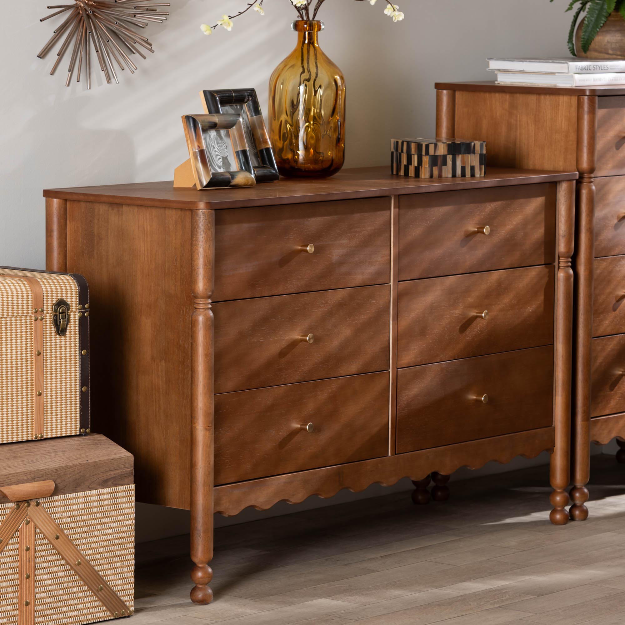 Baxton Studio Hoffman Dresser - 6-Drawer Horizontal Storage Cabinet with Scalloped Apron and Turned Legs for Bedroom, Walnut Brown