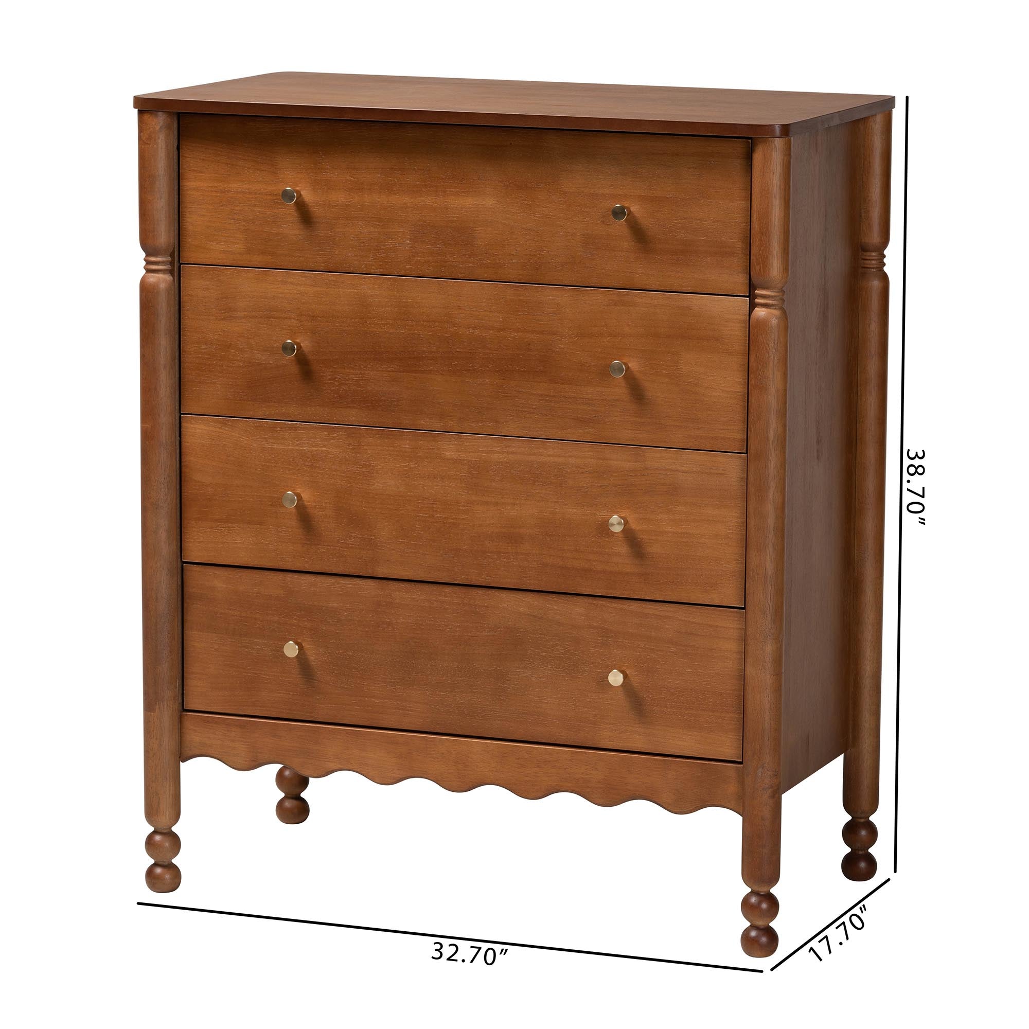 Baxton Studio Hoffman Chest - 4-Drawer Vertical Storage Cabinet with Scalloped Apron and Turned Legs for Bedroom, Walnut Brown