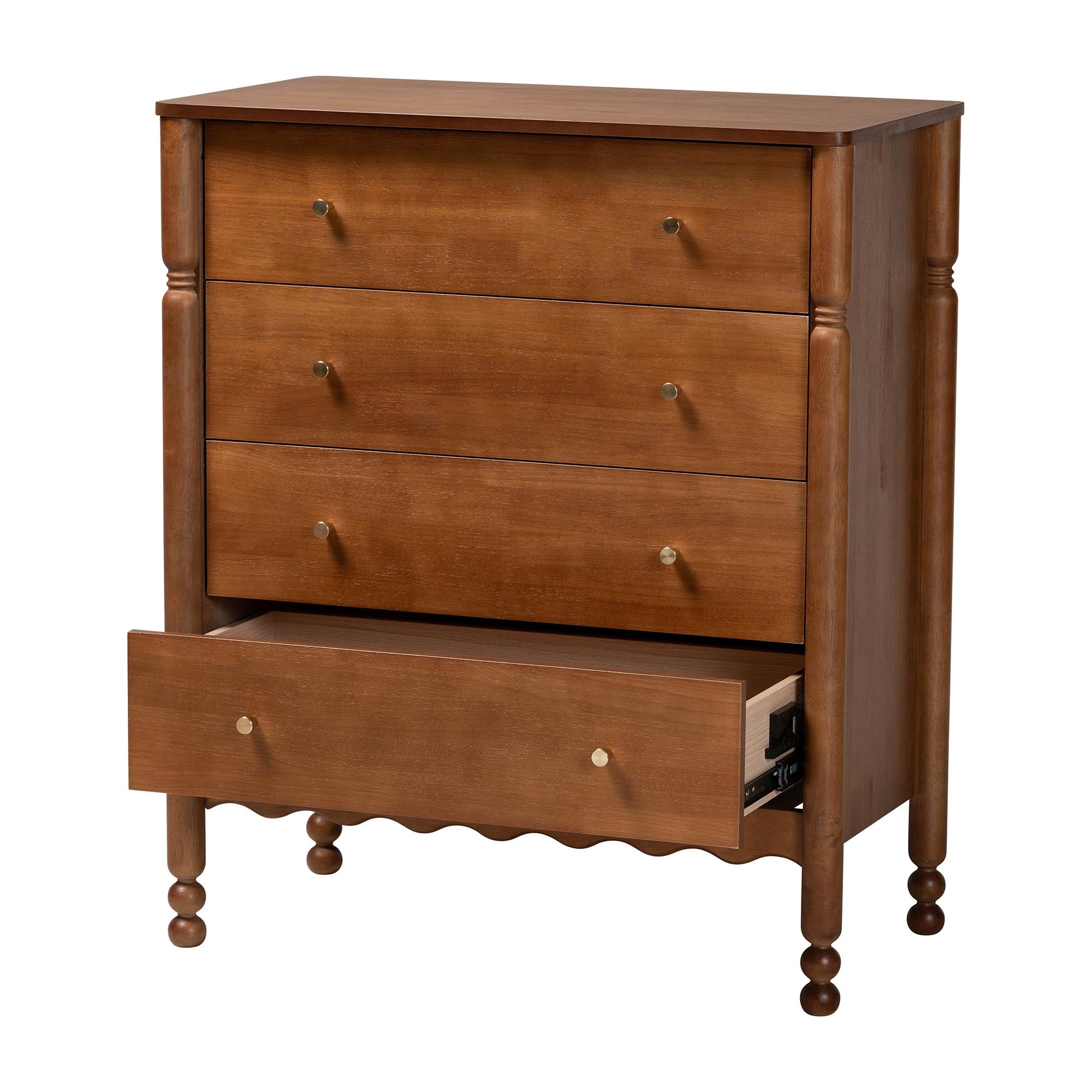 Baxton Studio Hoffman Chest - 4-Drawer Vertical Storage Cabinet with Scalloped Apron and Turned Legs for Bedroom, Walnut Brown
