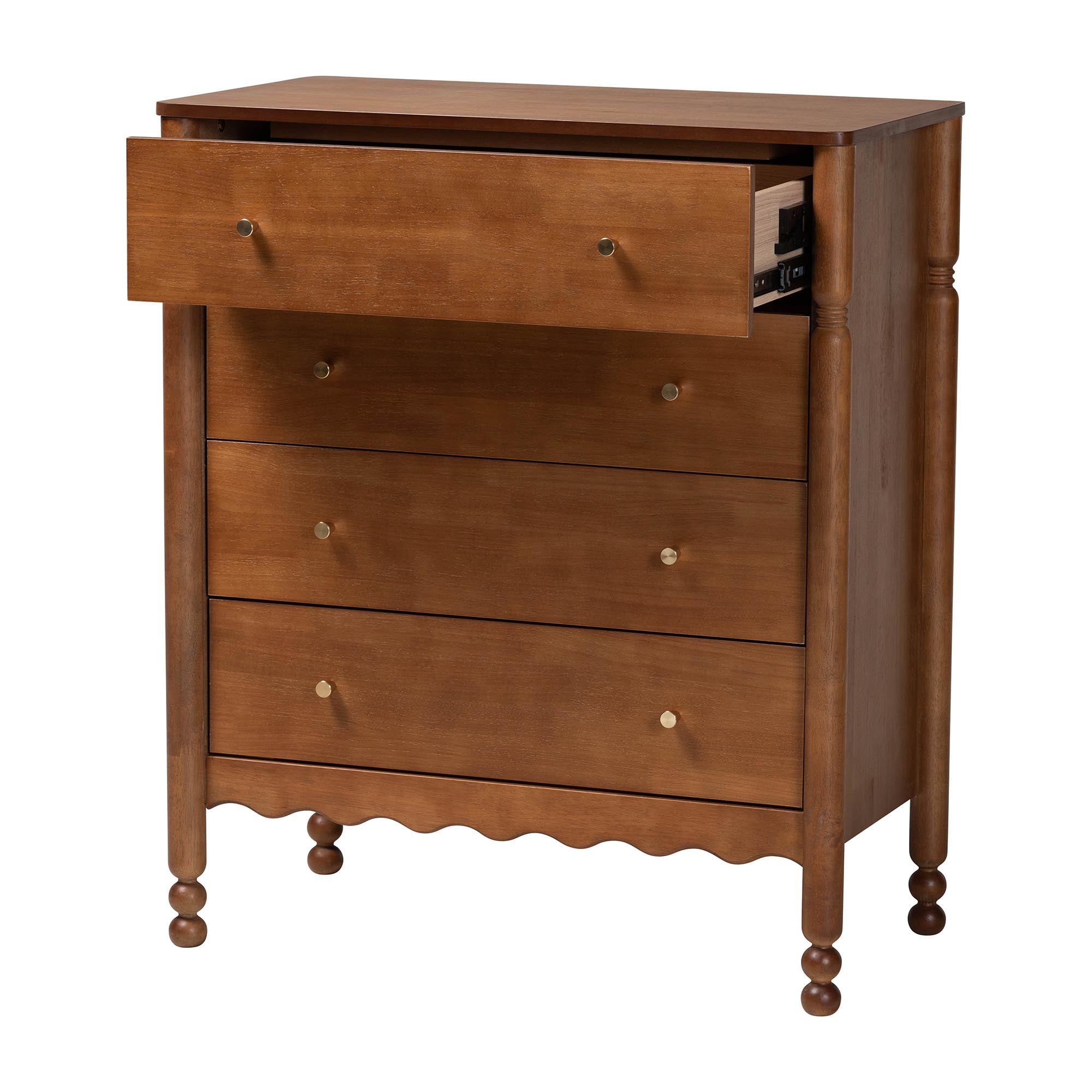 Baxton Studio Hoffman Chest - 4-Drawer Vertical Storage Cabinet with Scalloped Apron and Turned Legs for Bedroom, Walnut Brown