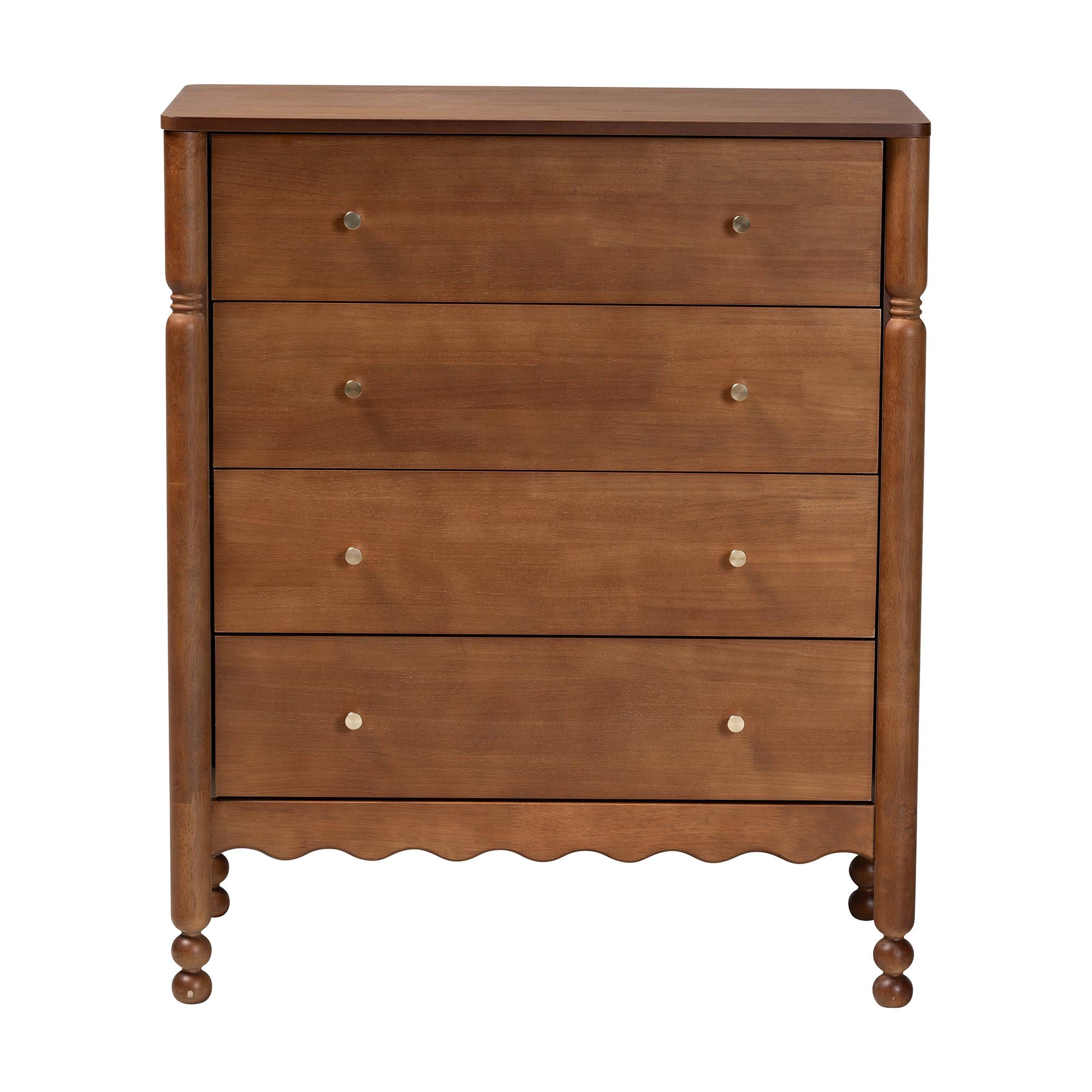Baxton Studio Hoffman Chest - 4-Drawer Vertical Storage Cabinet with Scalloped Apron and Turned Legs for Bedroom, Walnut Brown