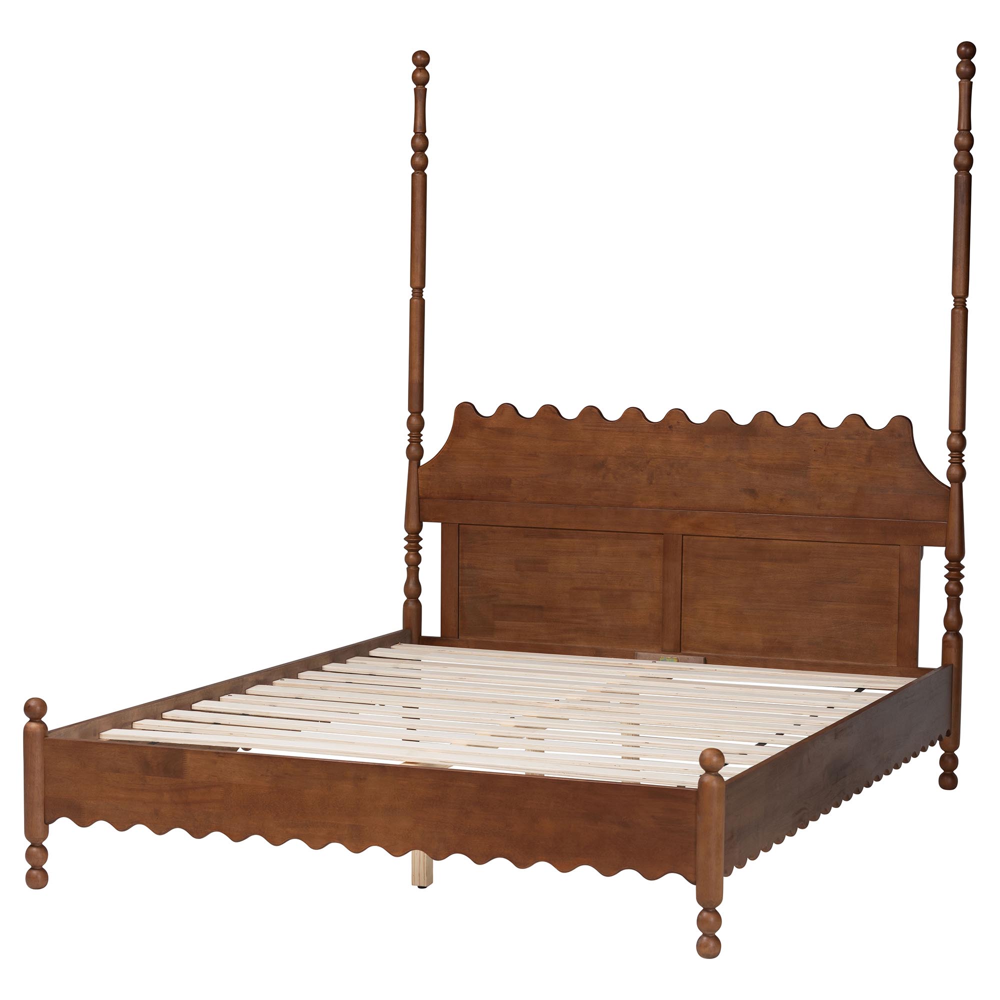 Baxton Studio Hoffman Platform Bed - Farmhouse Bed Frame with Scalloped Design and Turned Posts, Walnut Brown, King