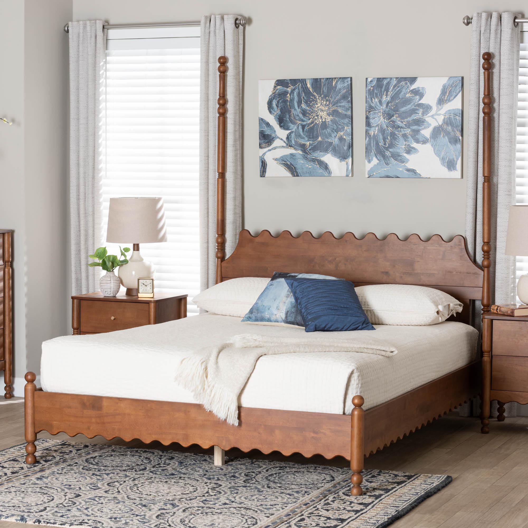Baxton Studio Hoffman Platform Bed - Farmhouse Bed Frame with Scalloped Design and Turned Posts, Walnut Brown, Queen
