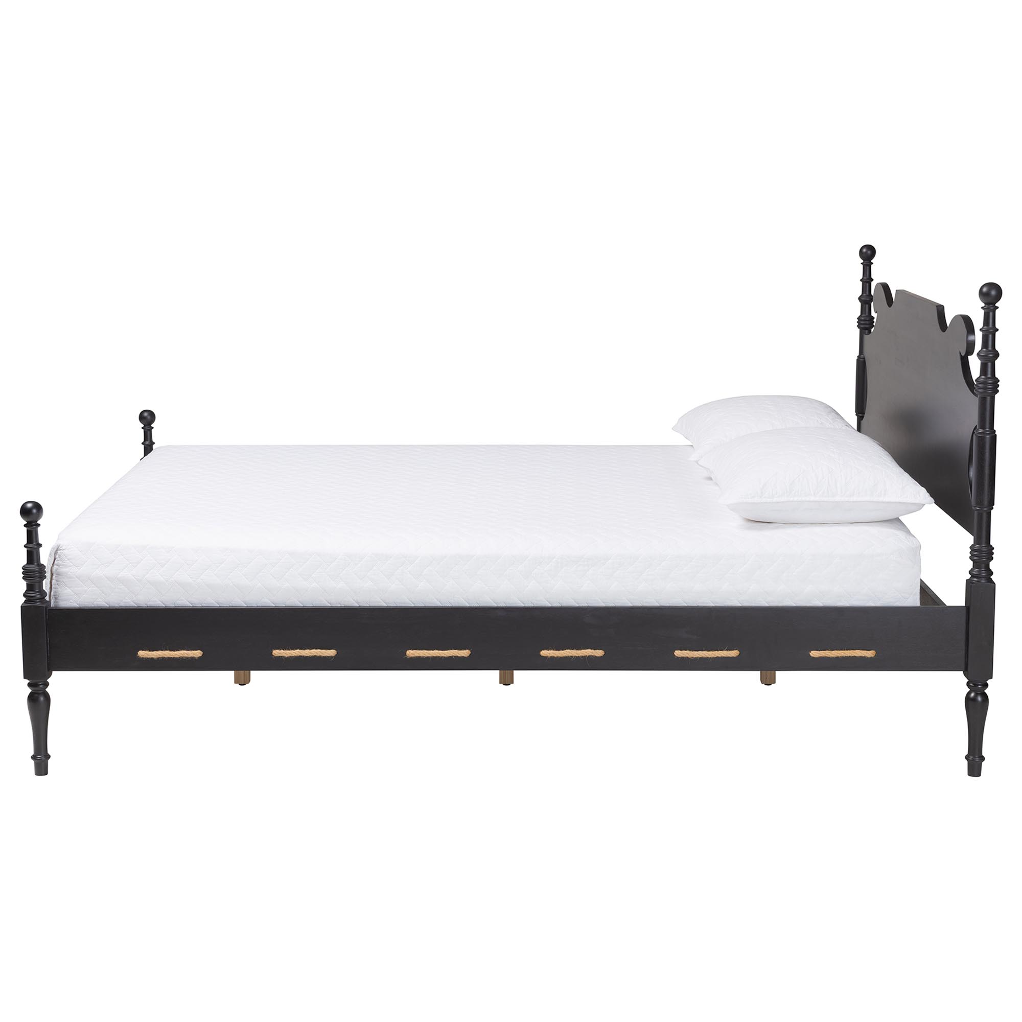 Baxton Studio Gaetano Platform Bed - Four Poster Bed Frame with Turned Posts and Panel Headboard for Bedroom, Black, Queen