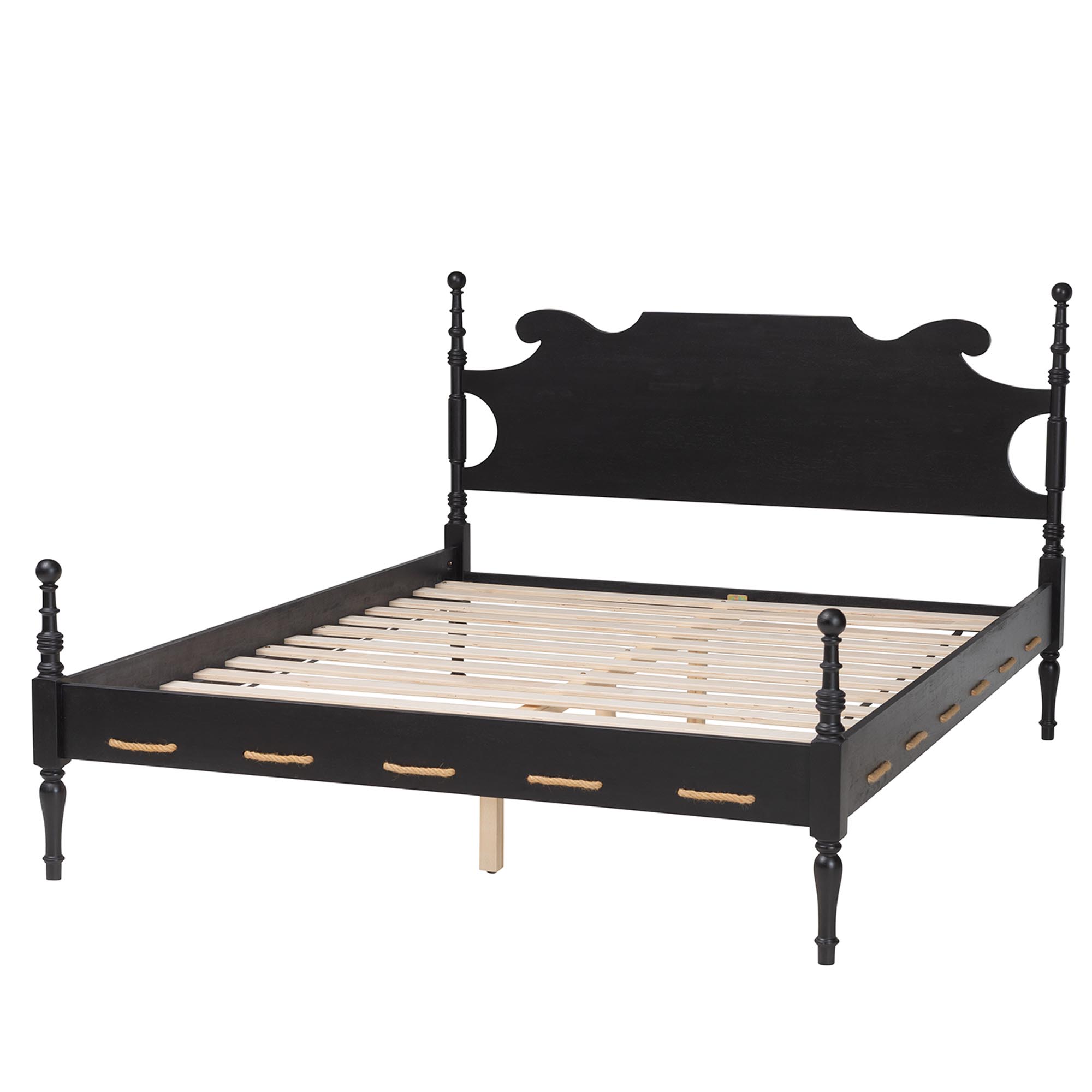 Baxton Studio Gaetano Platform Bed - Four Poster Bed Frame with Turned Posts and Panel Headboard for Bedroom, Black, Queen