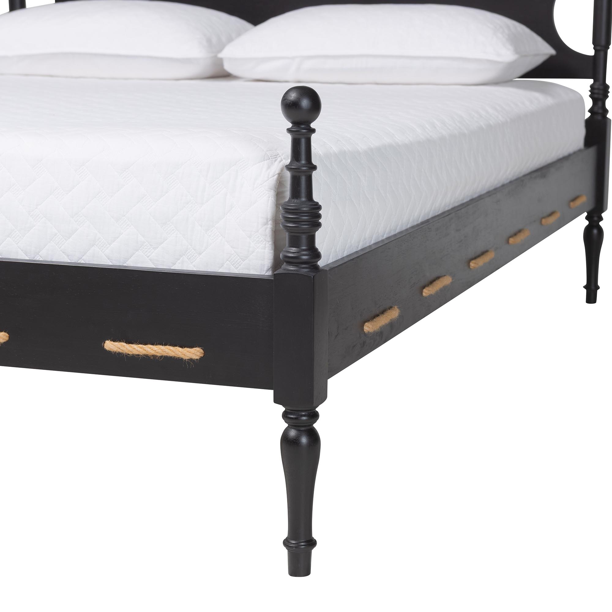 Baxton Studio Gaetano Platform Bed - Four Poster Bed Frame with Turned Posts and Panel Headboard for Bedroom, Black, Queen
