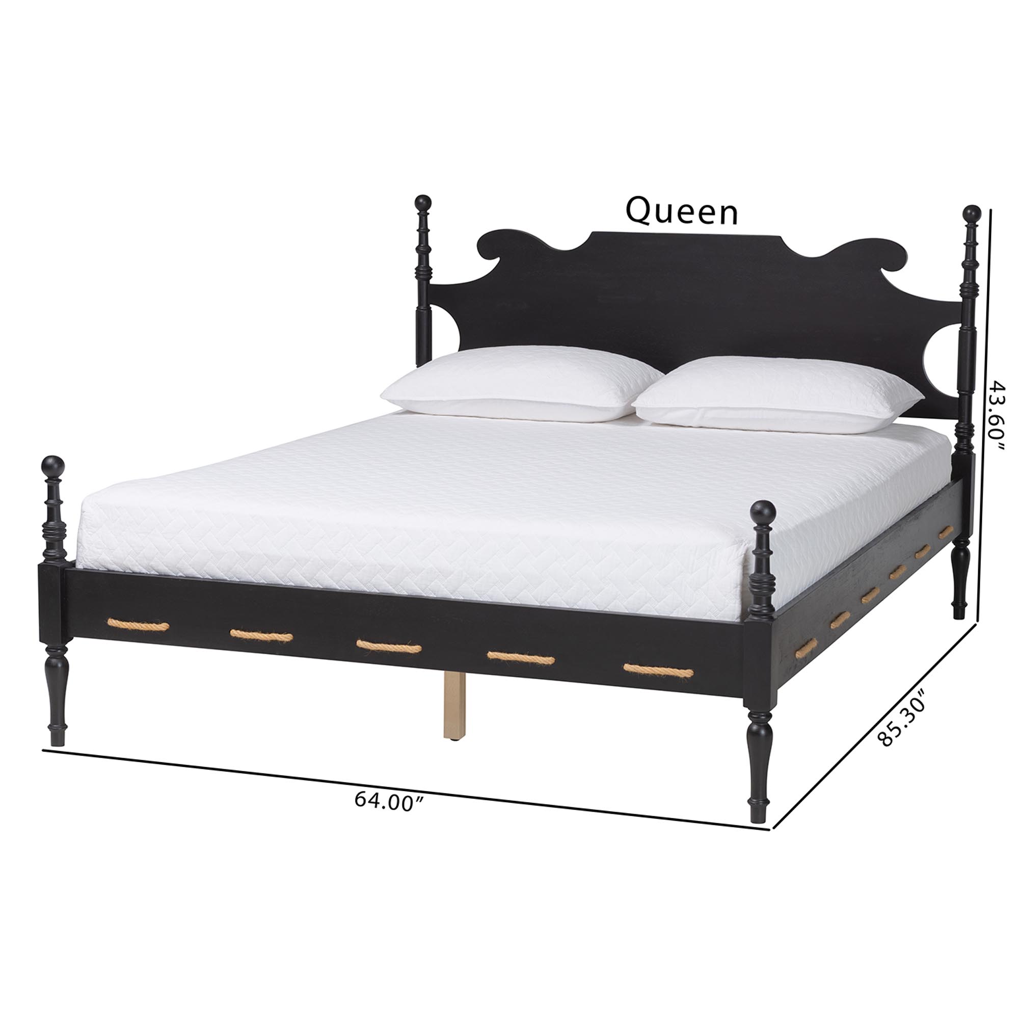 Baxton Studio Gaetano Platform Bed - Four Poster Bed Frame with Turned Posts and Panel Headboard for Bedroom, Black, Queen