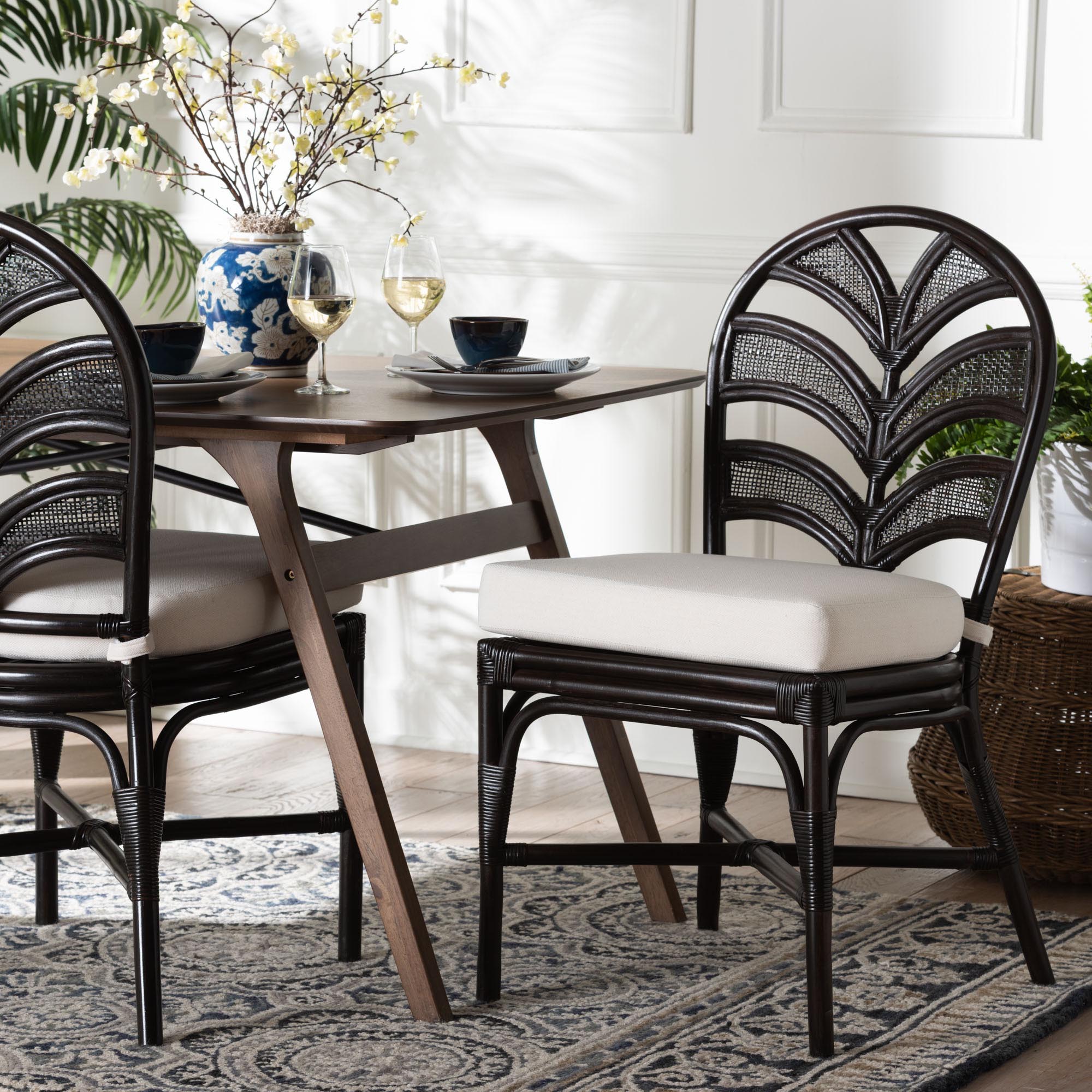 bali & pari Niven Natural Rattan Dining Chair with Cushion - Handwoven Wicker Accent Chair with Banana Leaf Backrest Design for Kitchen or Dining Room