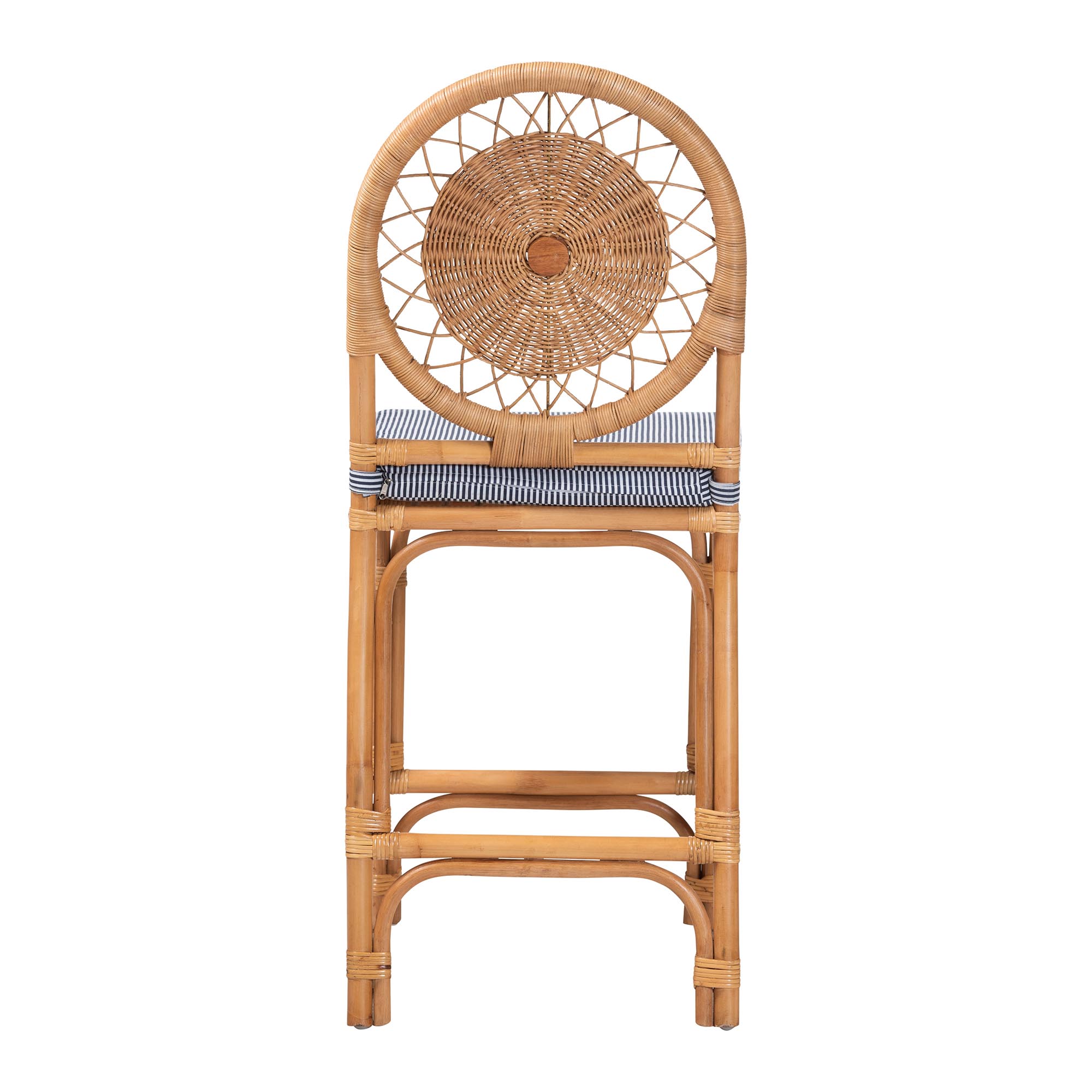 bali & pari Oberon Natural Rattan Counter Stool with Cushion - Handwoven Wicker Kitchen Island Seating with Sunburst Backrest