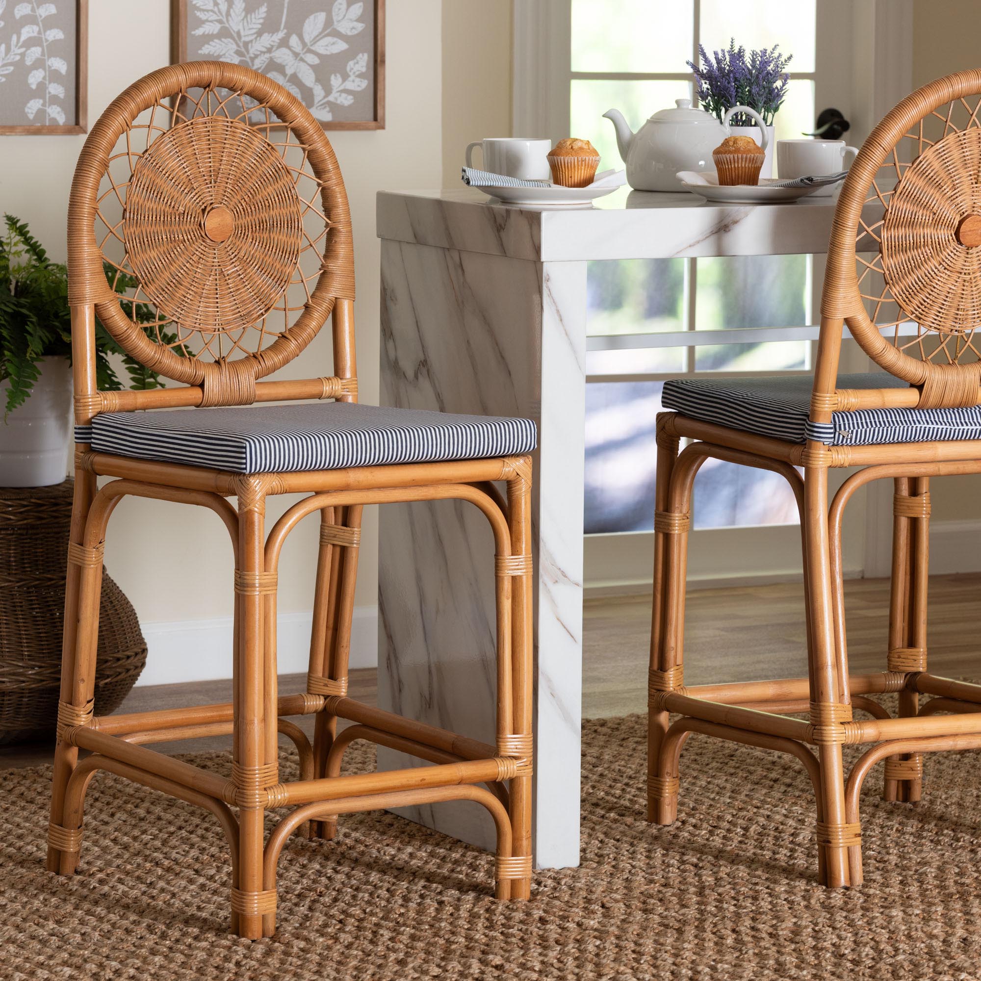 bali & pari Oberon Natural Rattan Counter Stool with Cushion - Handwoven Wicker Kitchen Island Seating with Sunburst Backrest