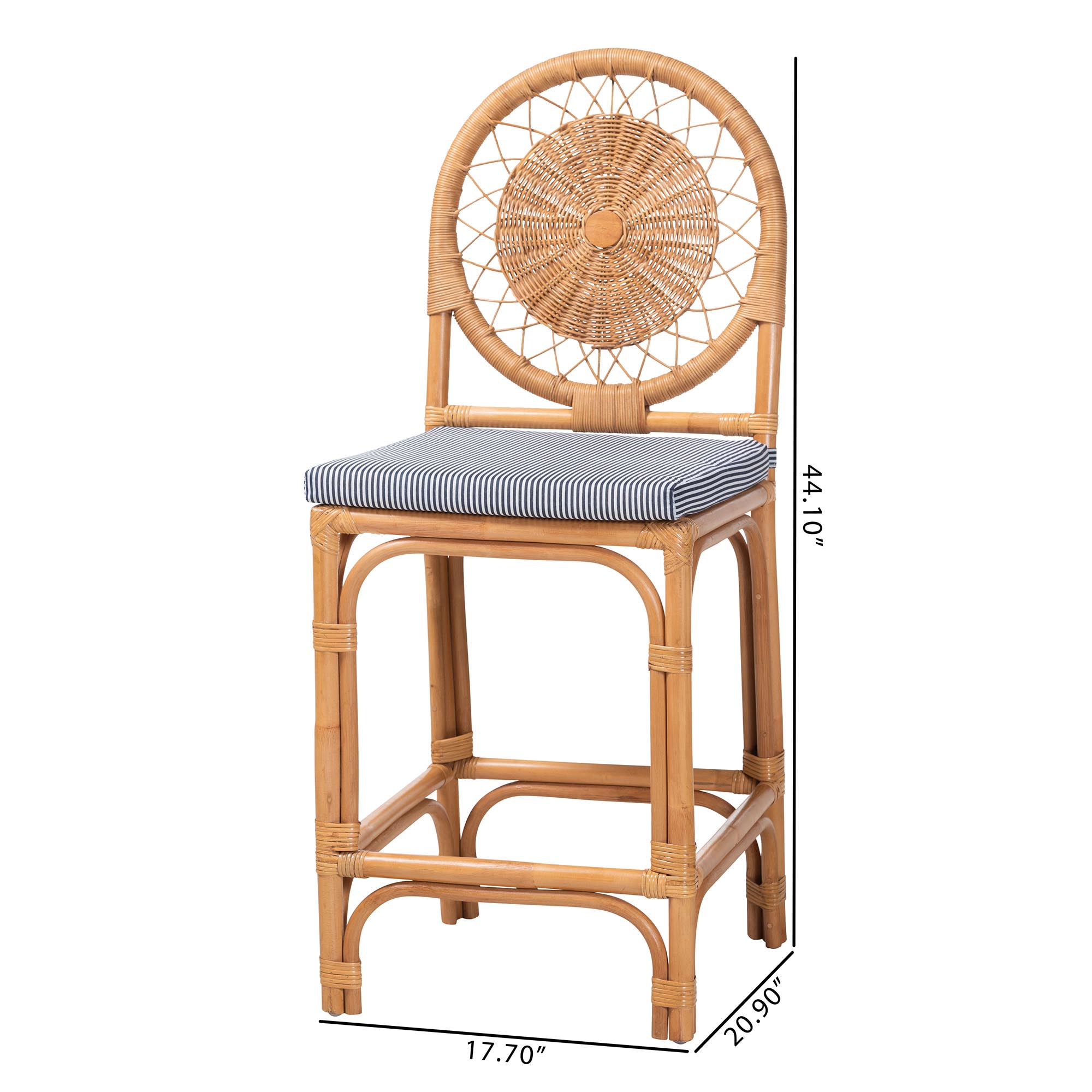 bali & pari Oberon Natural Rattan Counter Stool with Cushion - Handwoven Wicker Kitchen Island Seating with Sunburst Backrest
