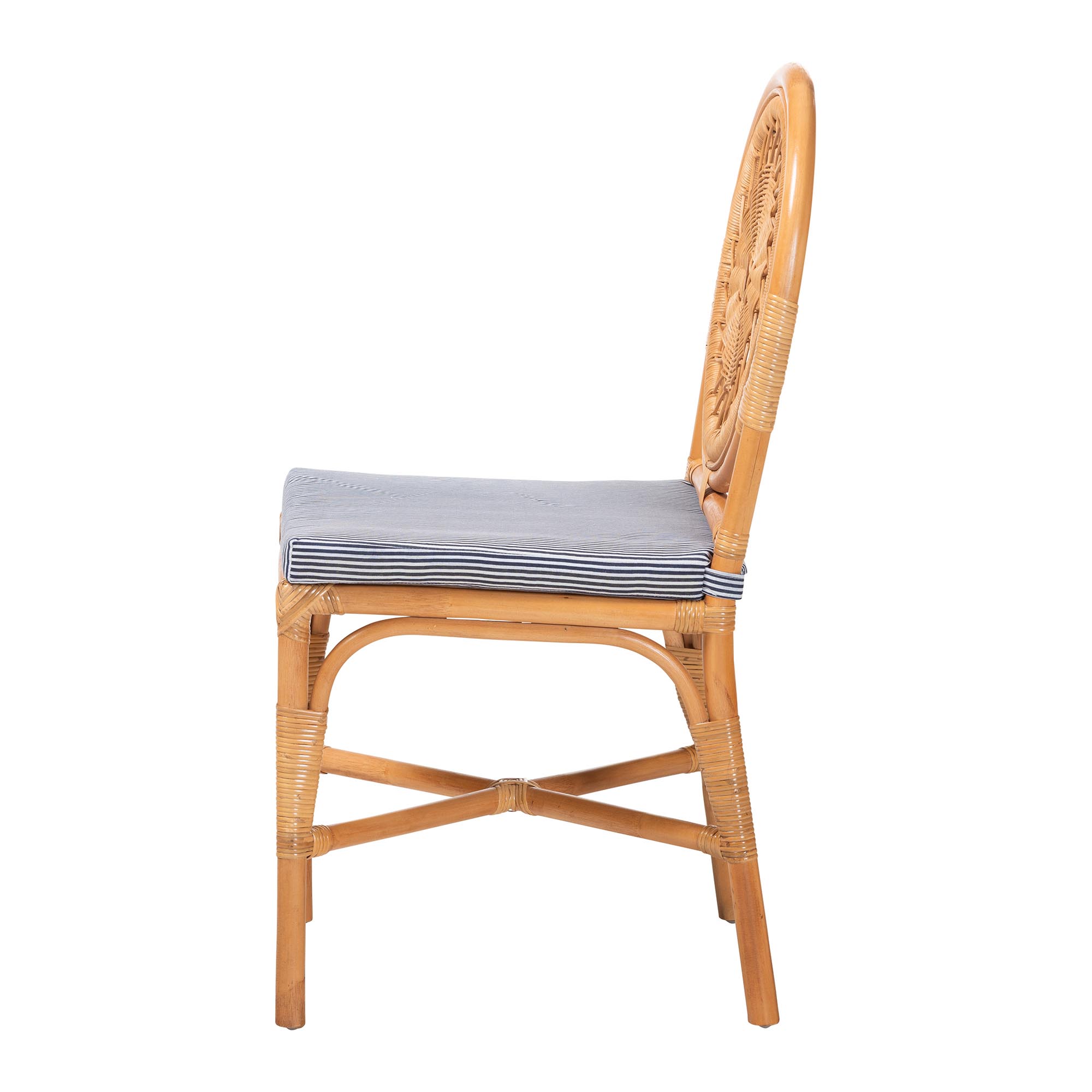 bali & pari Oberon Natural Rattan Dining Chair with Cushion - Handwoven Wicker Bistro Accent Seating with Sunburst Backrest