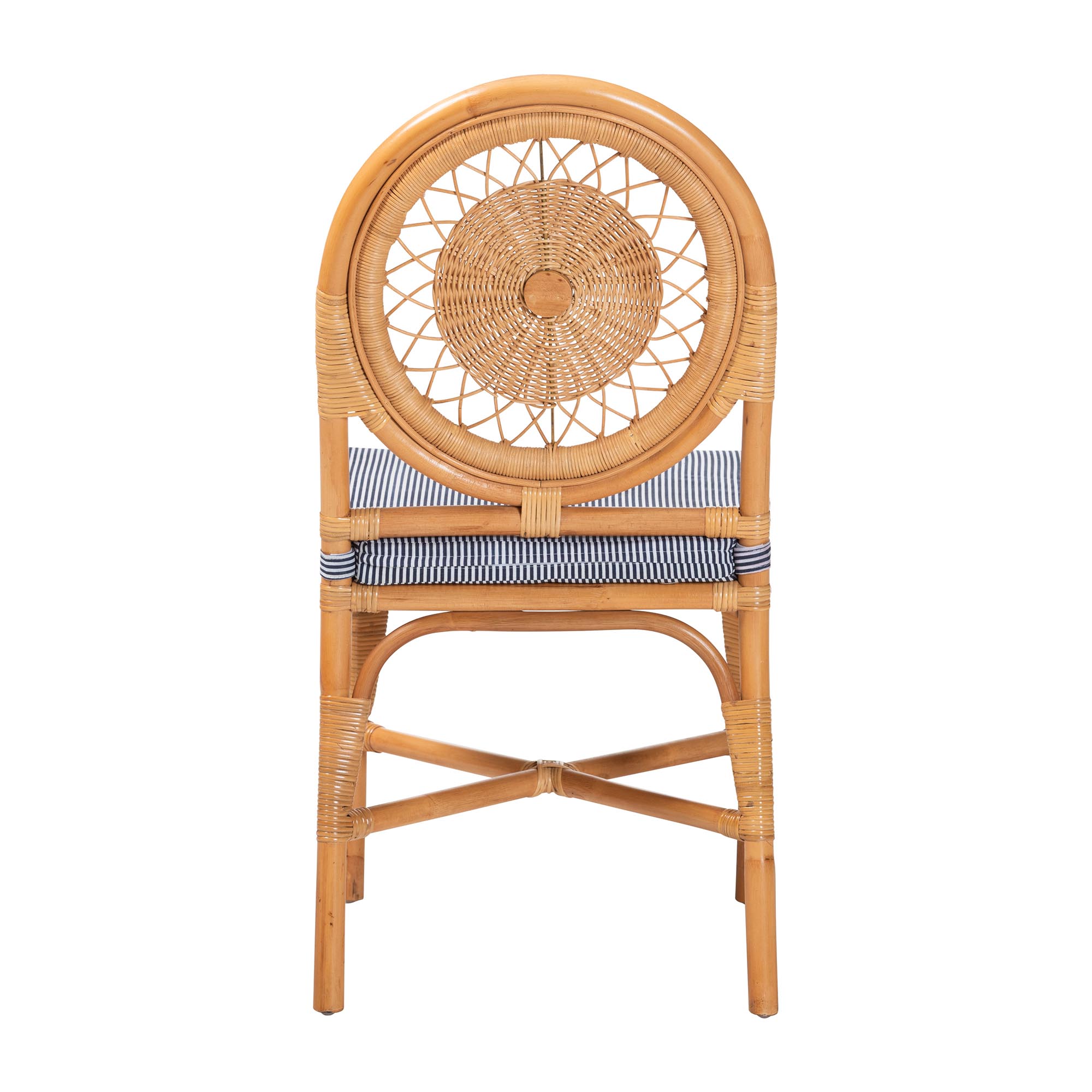 bali & pari Oberon Natural Rattan Dining Chair with Cushion - Handwoven Wicker Bistro Accent Seating with Sunburst Backrest