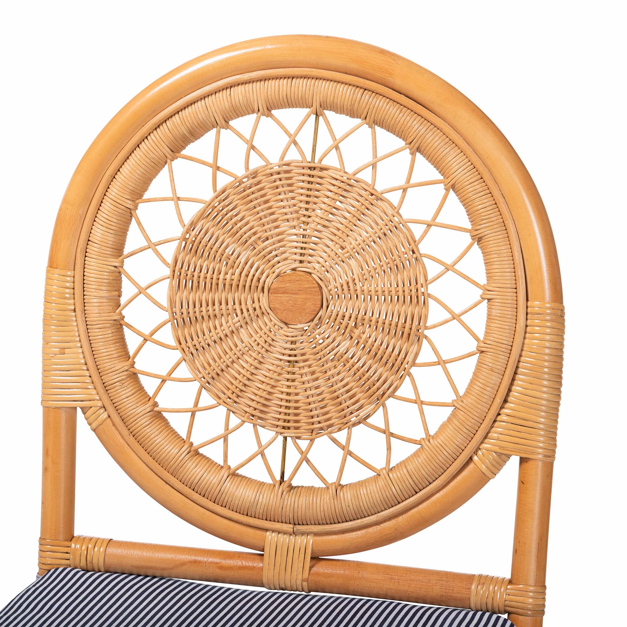 bali & pari Oberon Natural Rattan Dining Chair with Cushion - Handwoven Wicker Bistro Accent Seating with Sunburst Backrest