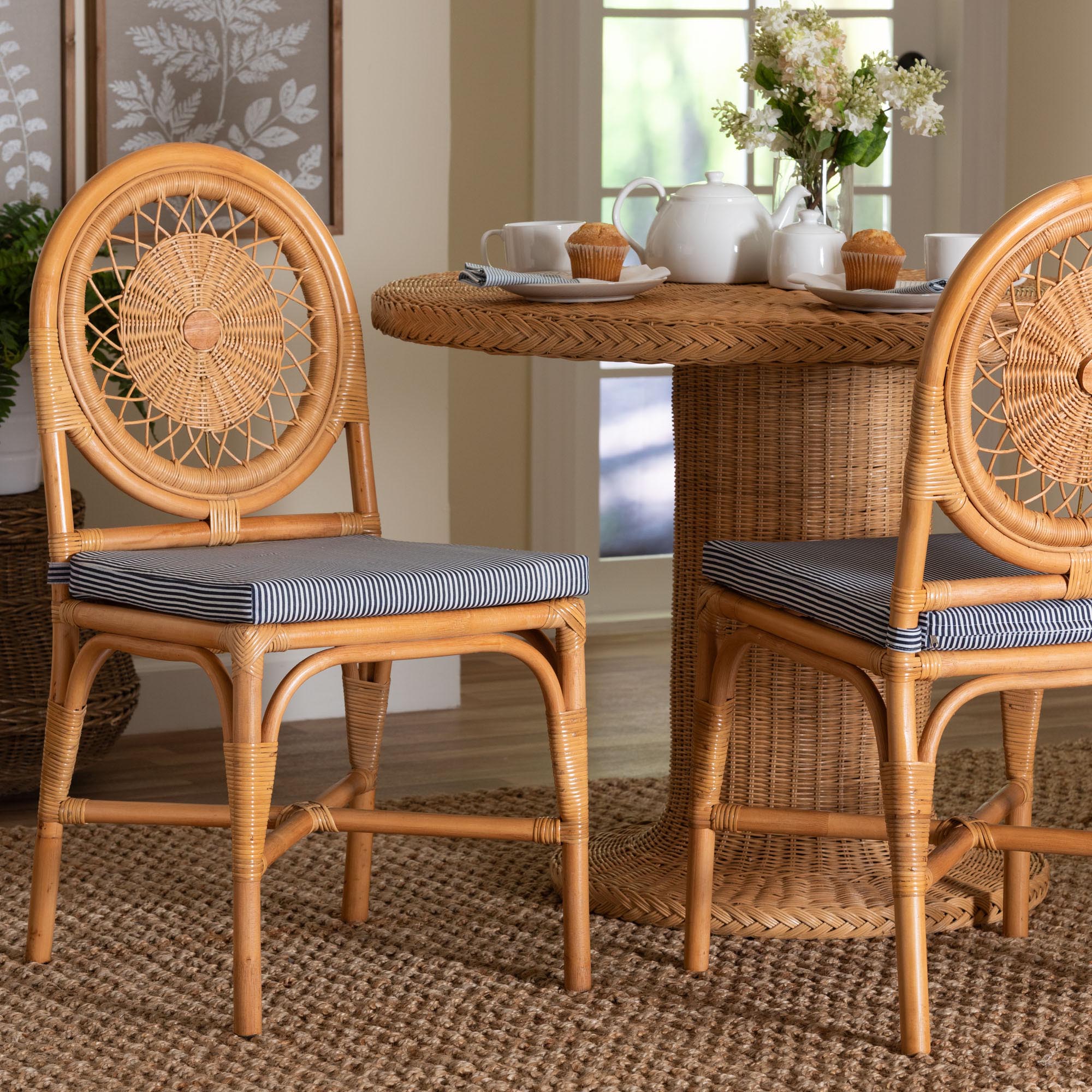 bali & pari Oberon Natural Rattan Dining Chair with Cushion - Handwoven Wicker Bistro Accent Seating with Sunburst Backrest