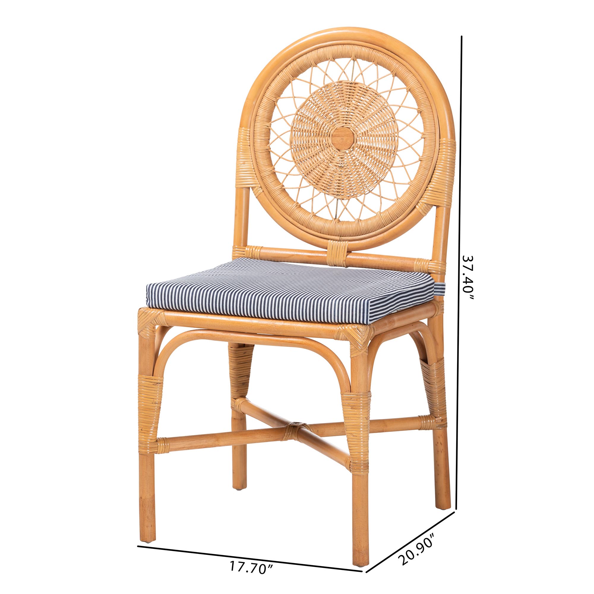 bali & pari Oberon Natural Rattan Dining Chair with Cushion - Handwoven Wicker Bistro Accent Seating with Sunburst Backrest