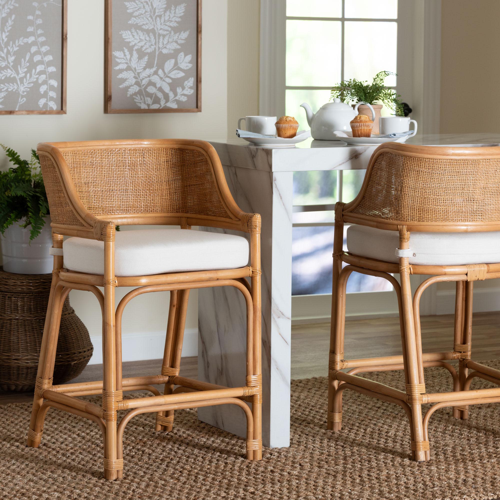 bali & pari Ottis Natural Rattan Counter Stool with Cushion - Handwoven Wicker Kitchen Island or Lounge Seating with Integrated Footrest
