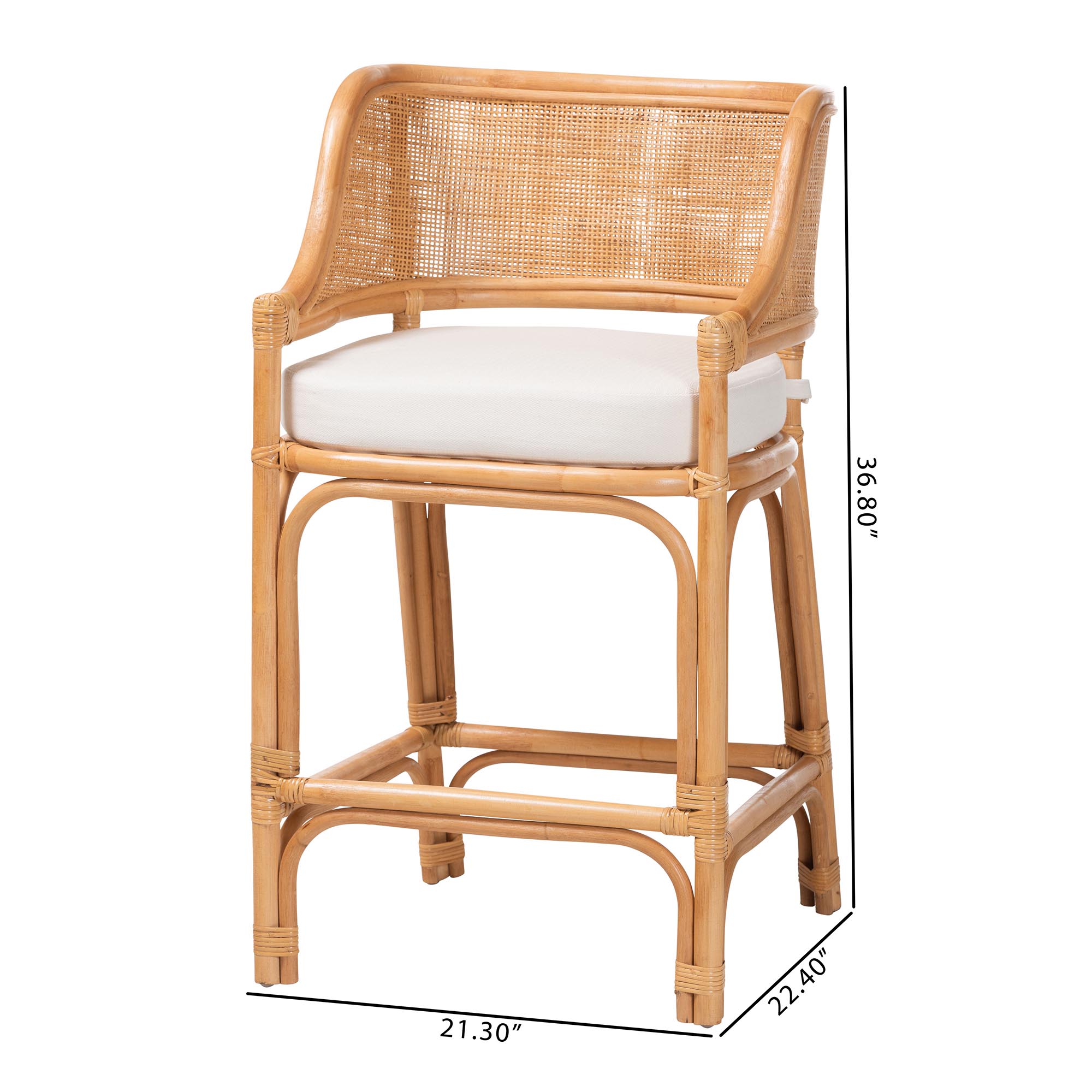 bali & pari Ottis Natural Rattan Counter Stool with Cushion - Handwoven Wicker Kitchen Island or Lounge Seating with Integrated Footrest