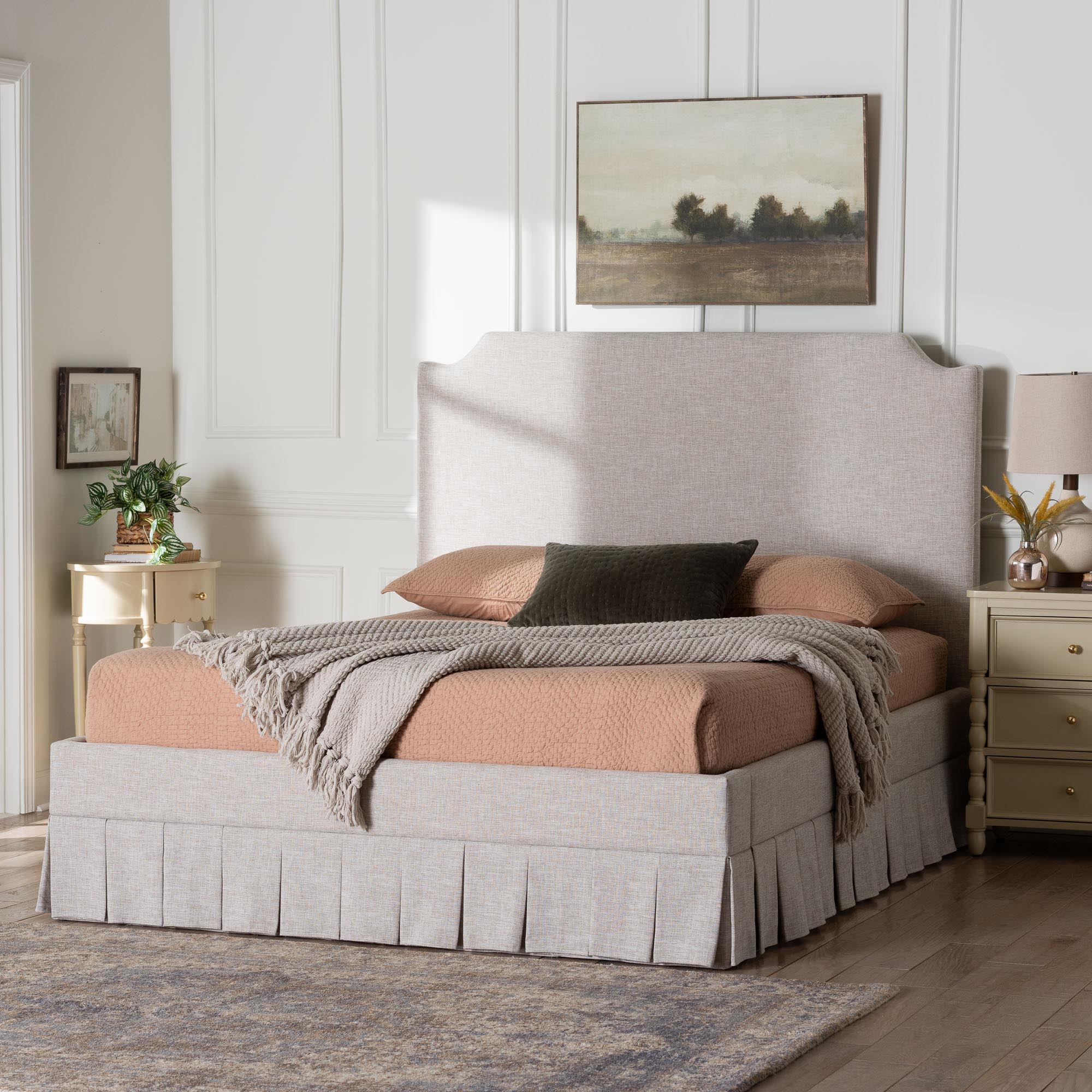 Baxton Studio Ronelyn Platform Bed with Pleated Skirt - Fabric Upholstered Bed Frame with Panel Headboard, King