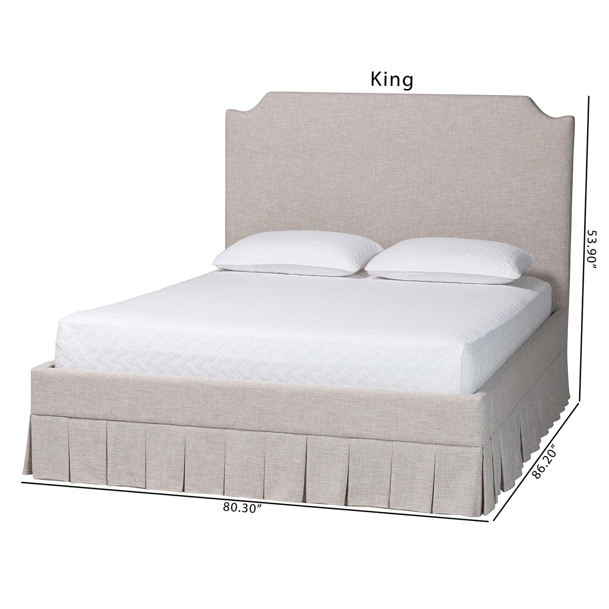 Baxton Studio Ronelyn Platform Bed with Pleated Skirt - Fabric Upholstered Bed Frame with Panel Headboard, King