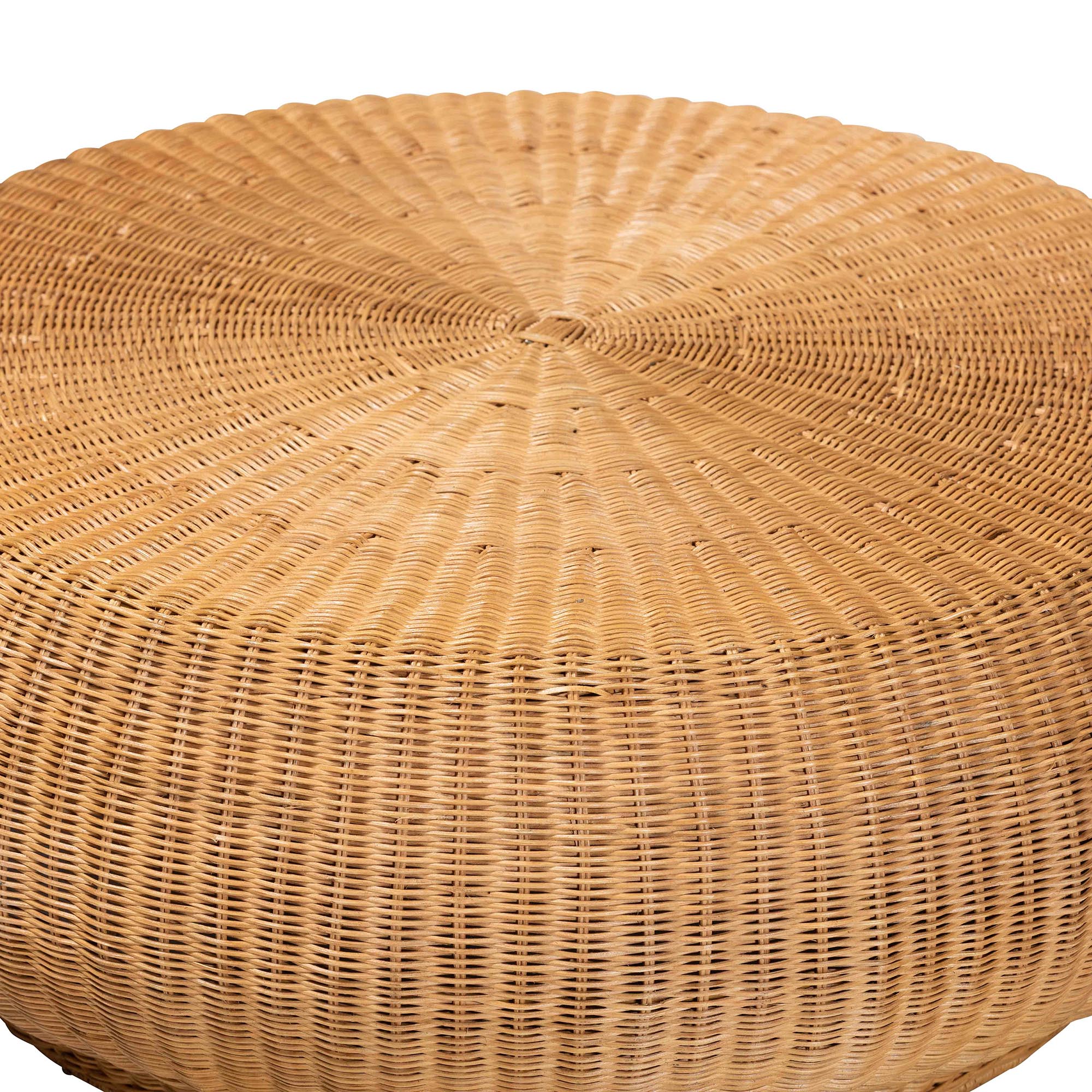 bali & pari Beatriz Natural Rattan Coffee Table : Handwoven Wicker Accent Table with Sculptural Drum Silhouette and Round Tabletop for Living Room or Sunroom