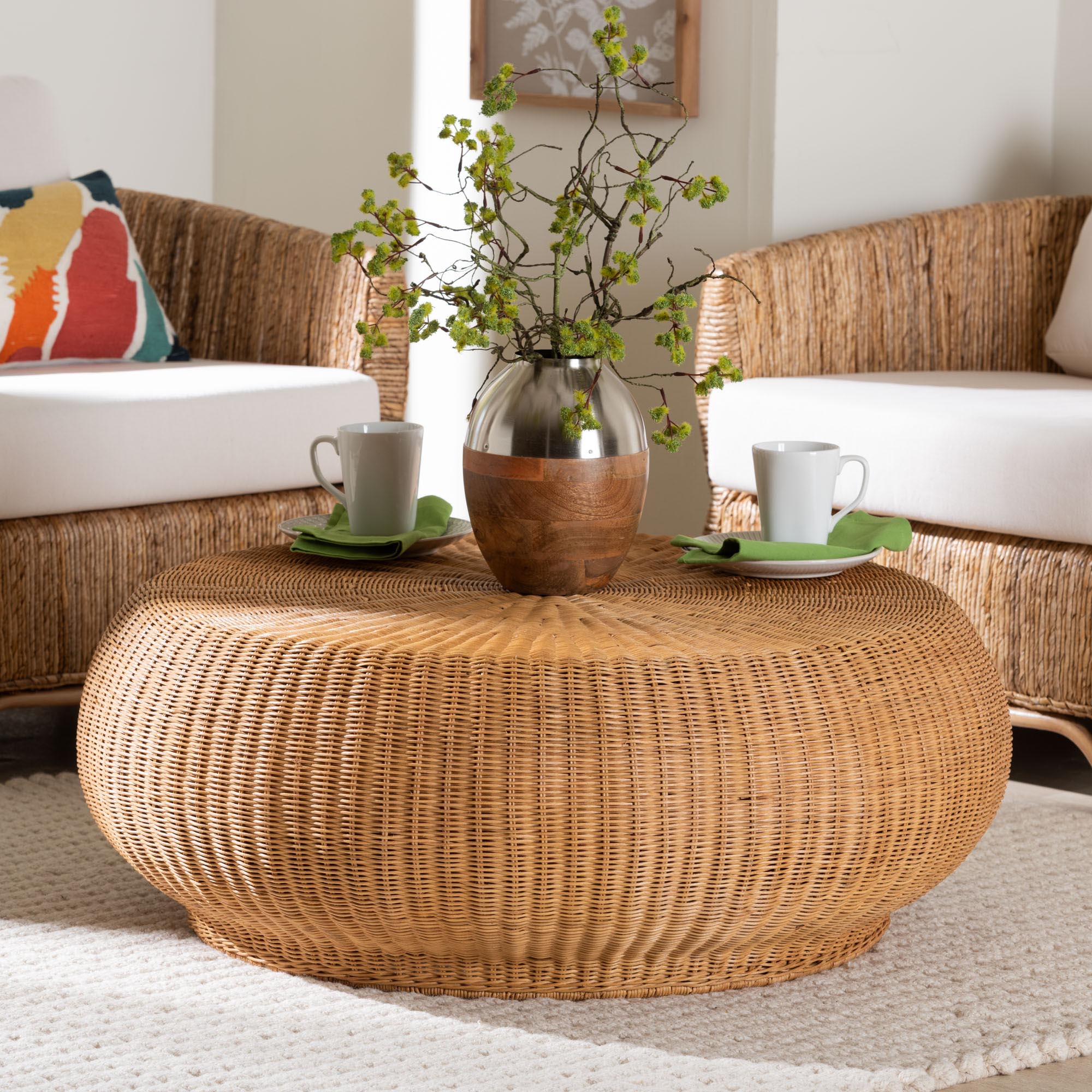 bali & pari Beatriz Natural Rattan Coffee Table : Handwoven Wicker Accent Table with Sculptural Drum Silhouette and Round Tabletop for Living Room or Sunroom