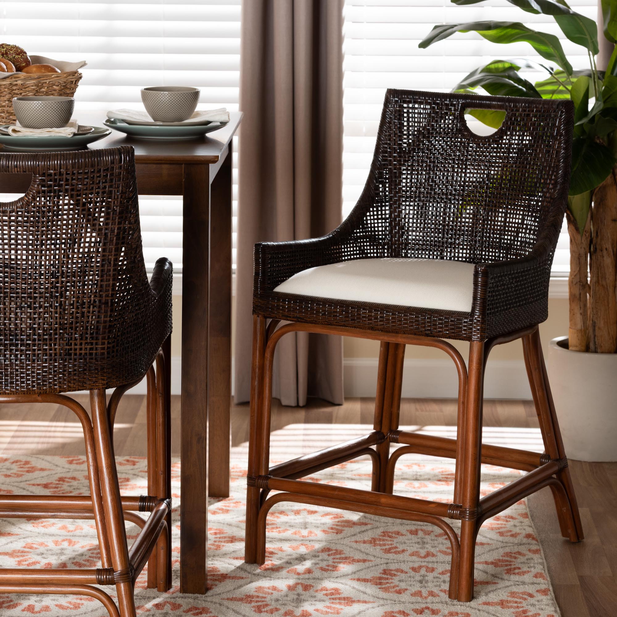 bali & pari Petra Natural Rattan Counter Stool - Handwoven Wicker Accent Stool with Wingback Profile and Cutout Handle, Espresso
