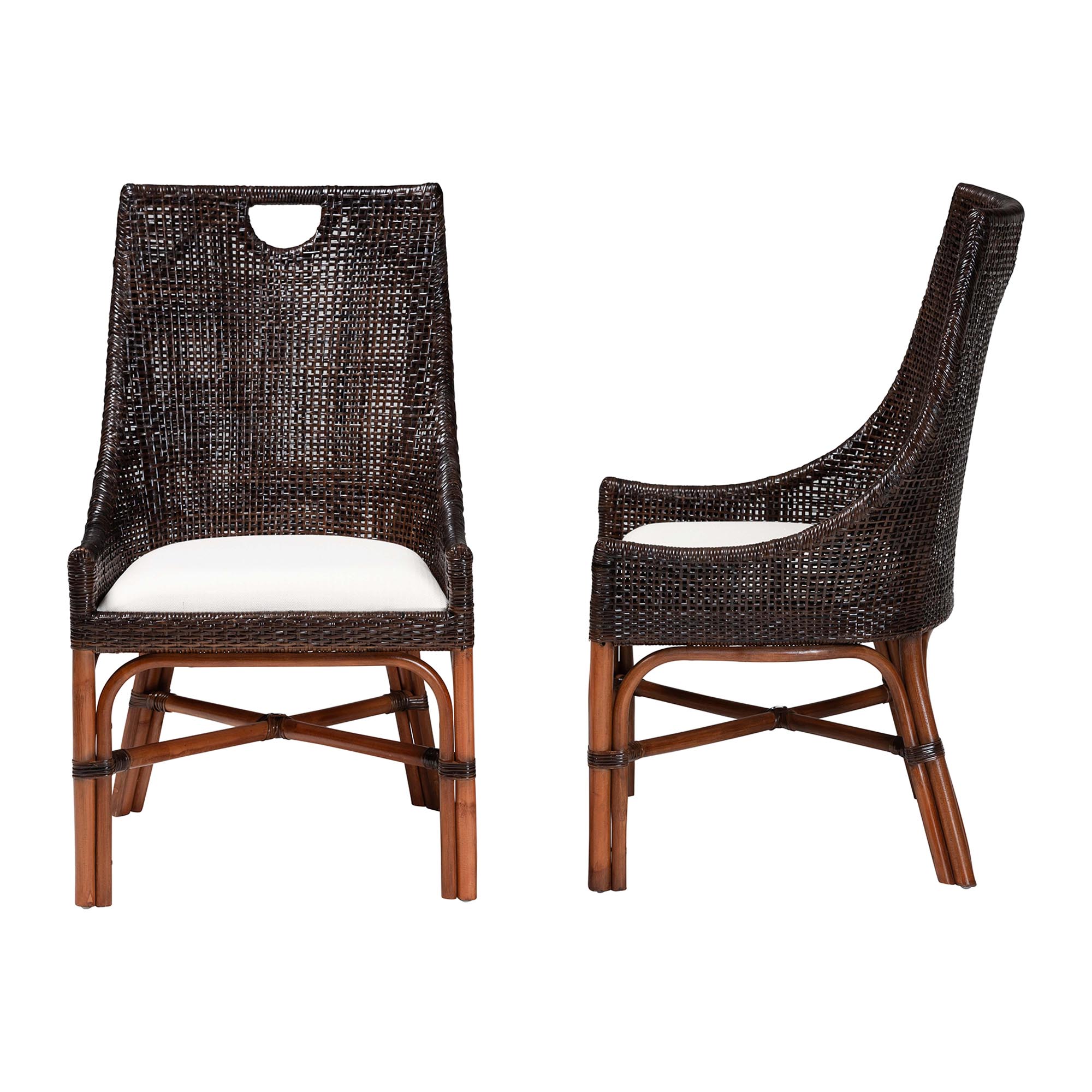 bali & pari Petra Natural Rattan 2-Piece Dining Chair Set - Handwoven Wicker Accent Chair with Wingback Profile and Cutout Handle, Espresso
