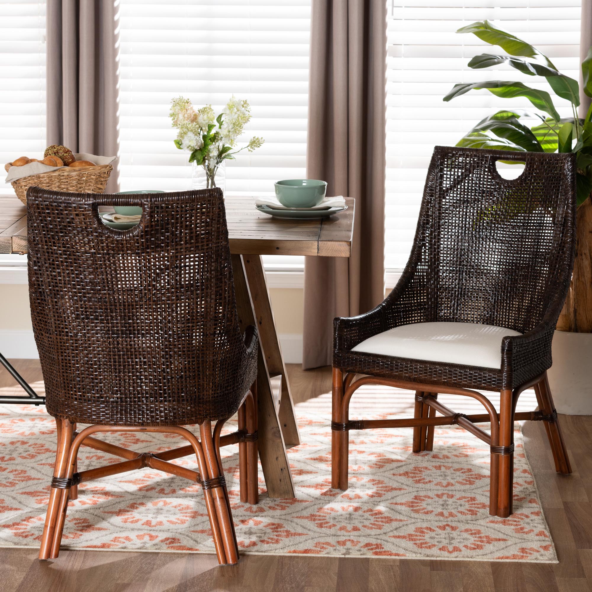 bali & pari Petra Natural Rattan 2-Piece Dining Chair Set - Handwoven Wicker Accent Chair with Wingback Profile and Cutout Handle, Espresso
