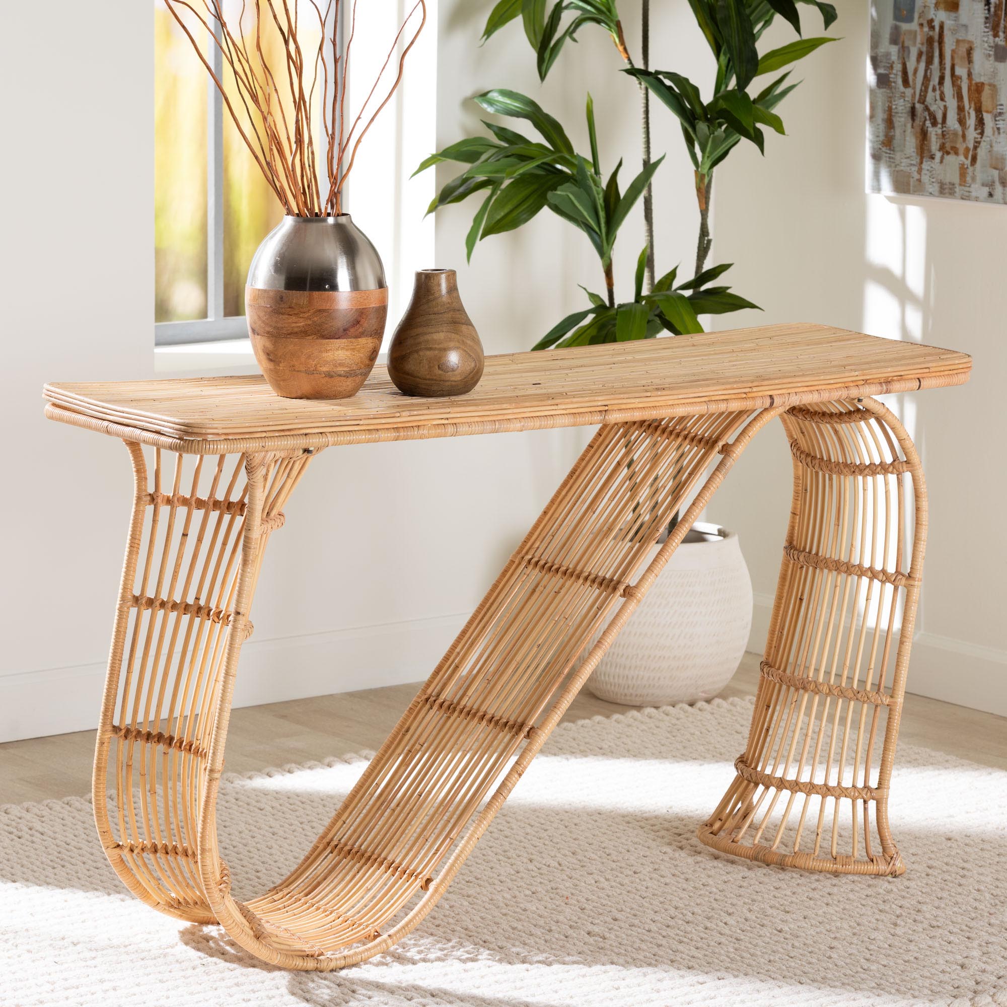bali & pari Araceli Rattan S-Curve Console Table - Handwoven Wicker Sculptural Accent Table for Living Room or Entryway