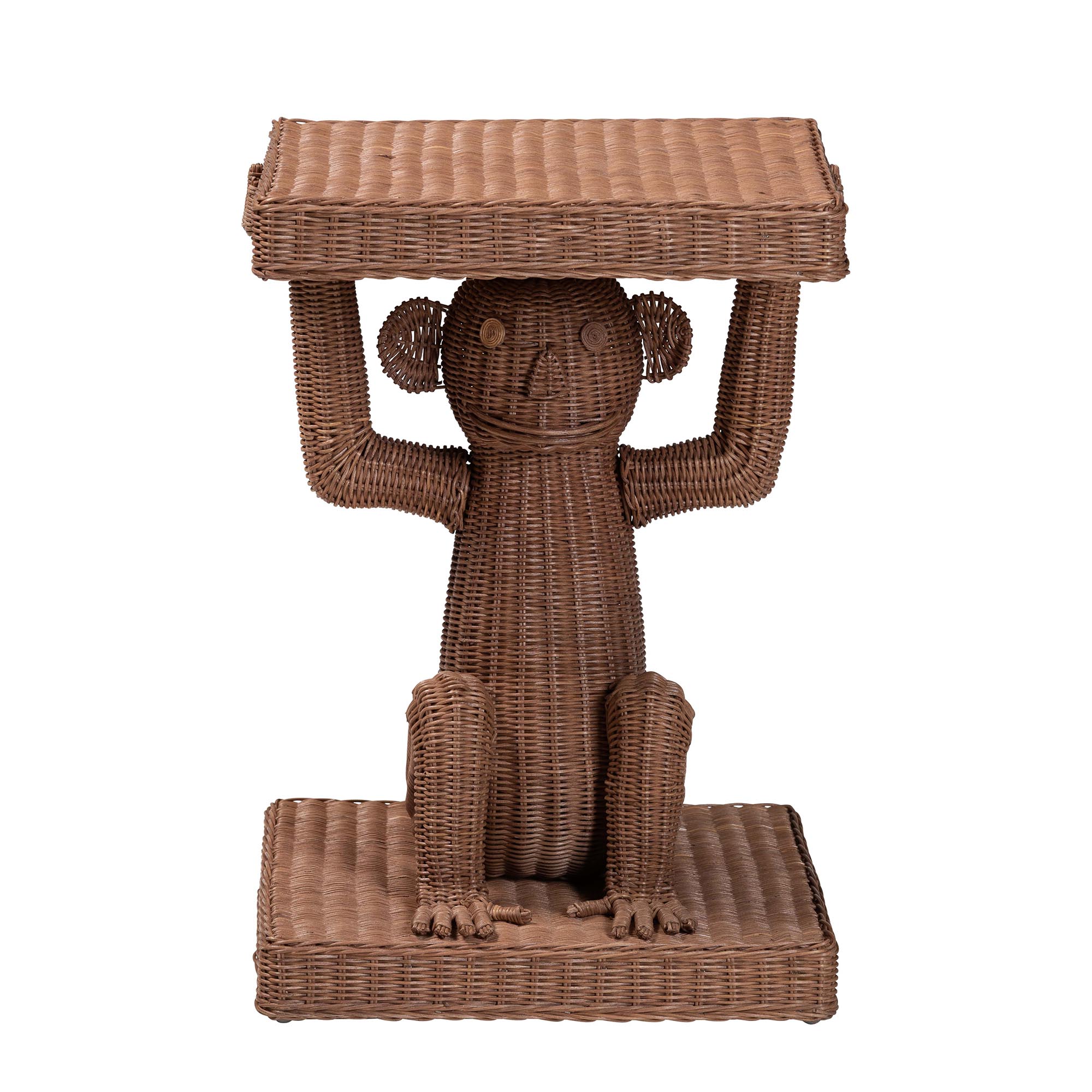 bali & pari Miyoco Monkey End Table - Handwoven Rattan Sculptural Accent Side Table with Platform Base