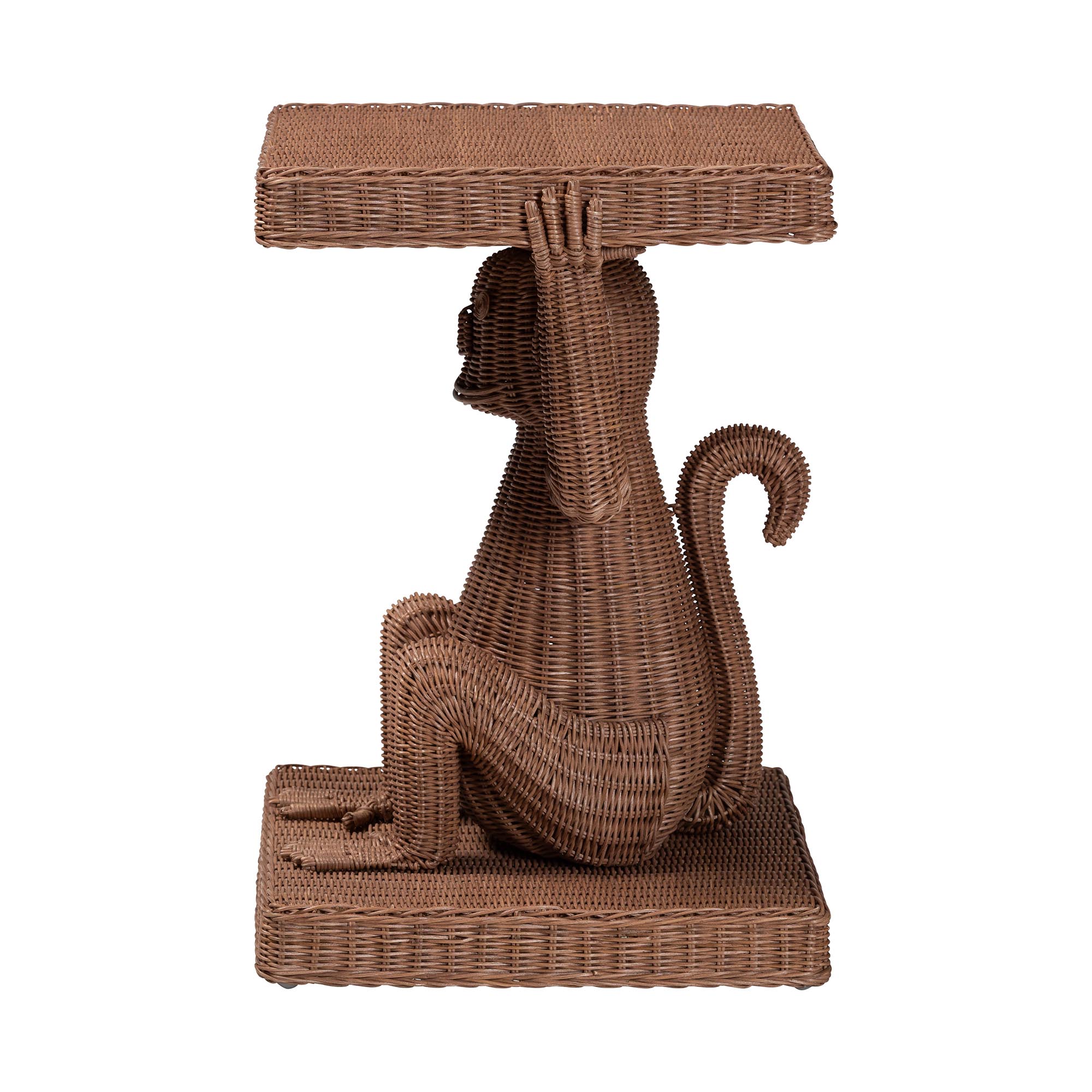 bali & pari Miyoco Monkey End Table - Handwoven Rattan Sculptural Accent Side Table with Platform Base