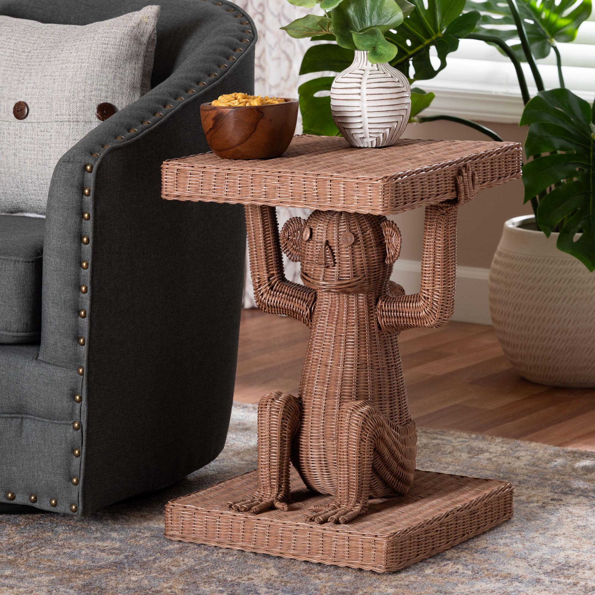 bali & pari Miyoco Monkey End Table - Handwoven Rattan Sculptural Accent Side Table with Platform Base